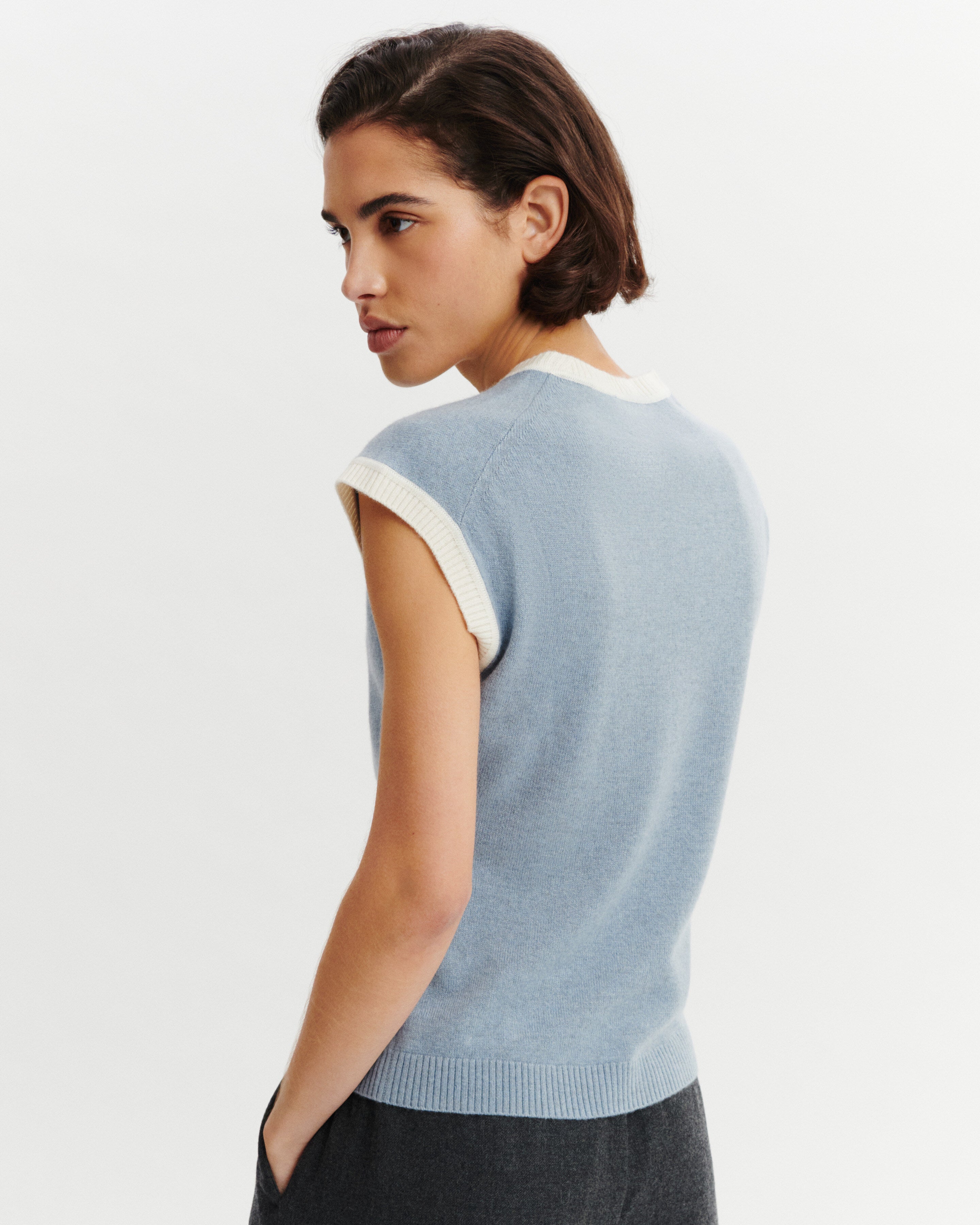 Pull sans manches bicolore-BLEU GLACIER/NATUREL-100% cachemire