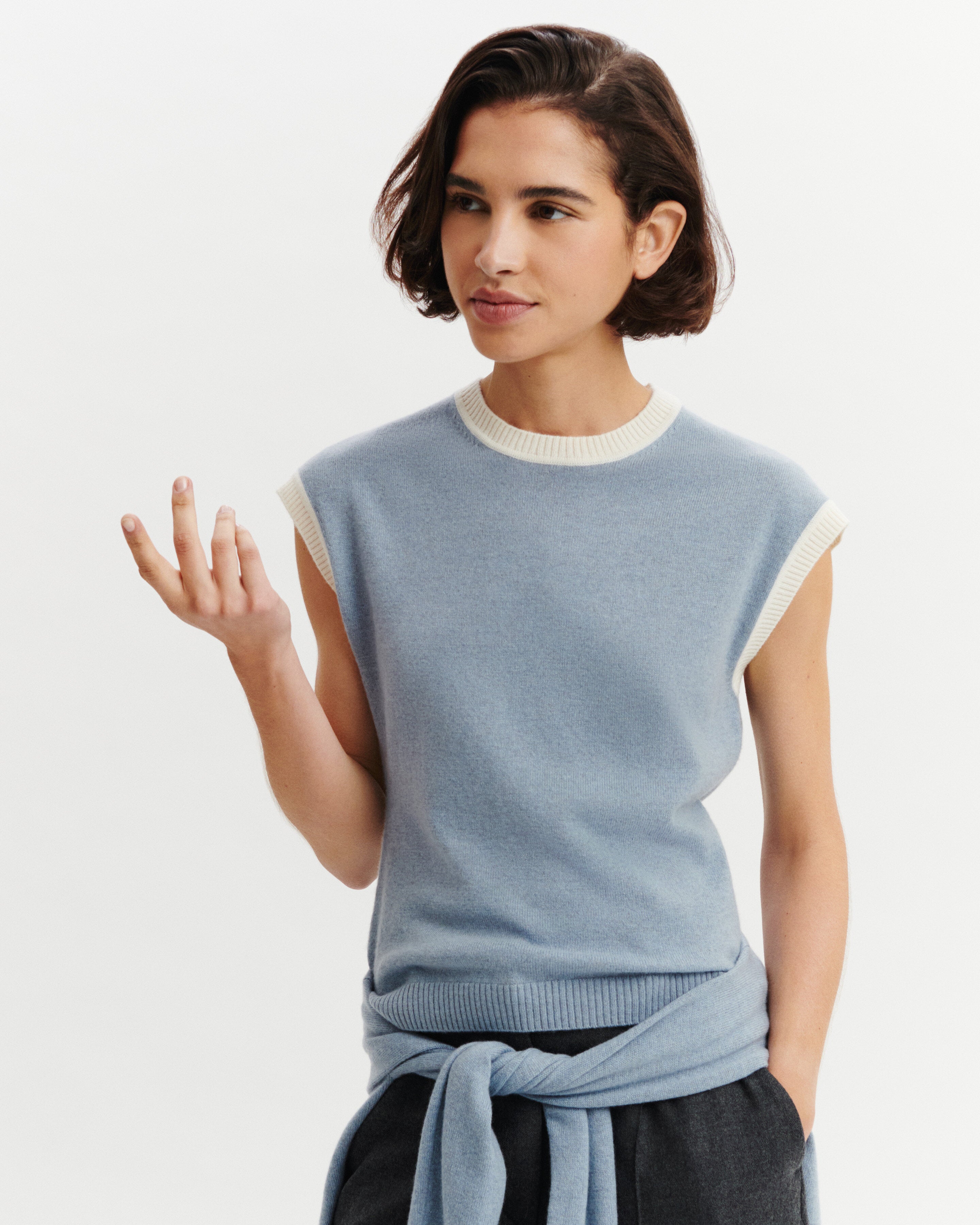 Pull sans manches bicolore-BLEU GLACIER/NATUREL-100% cachemire