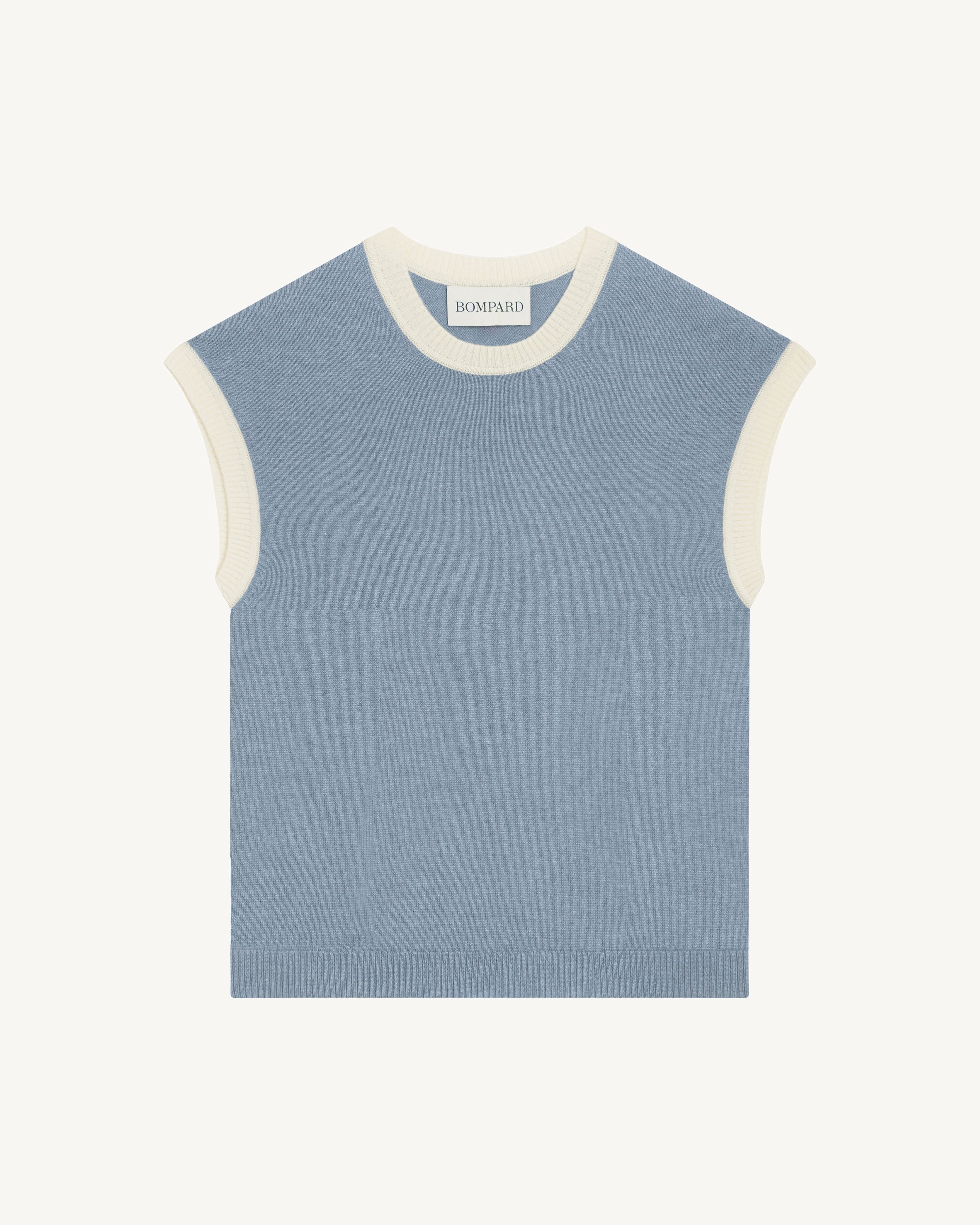 Pull à petites manches-BLEU GLACIER/NATUREL-100% cachemire