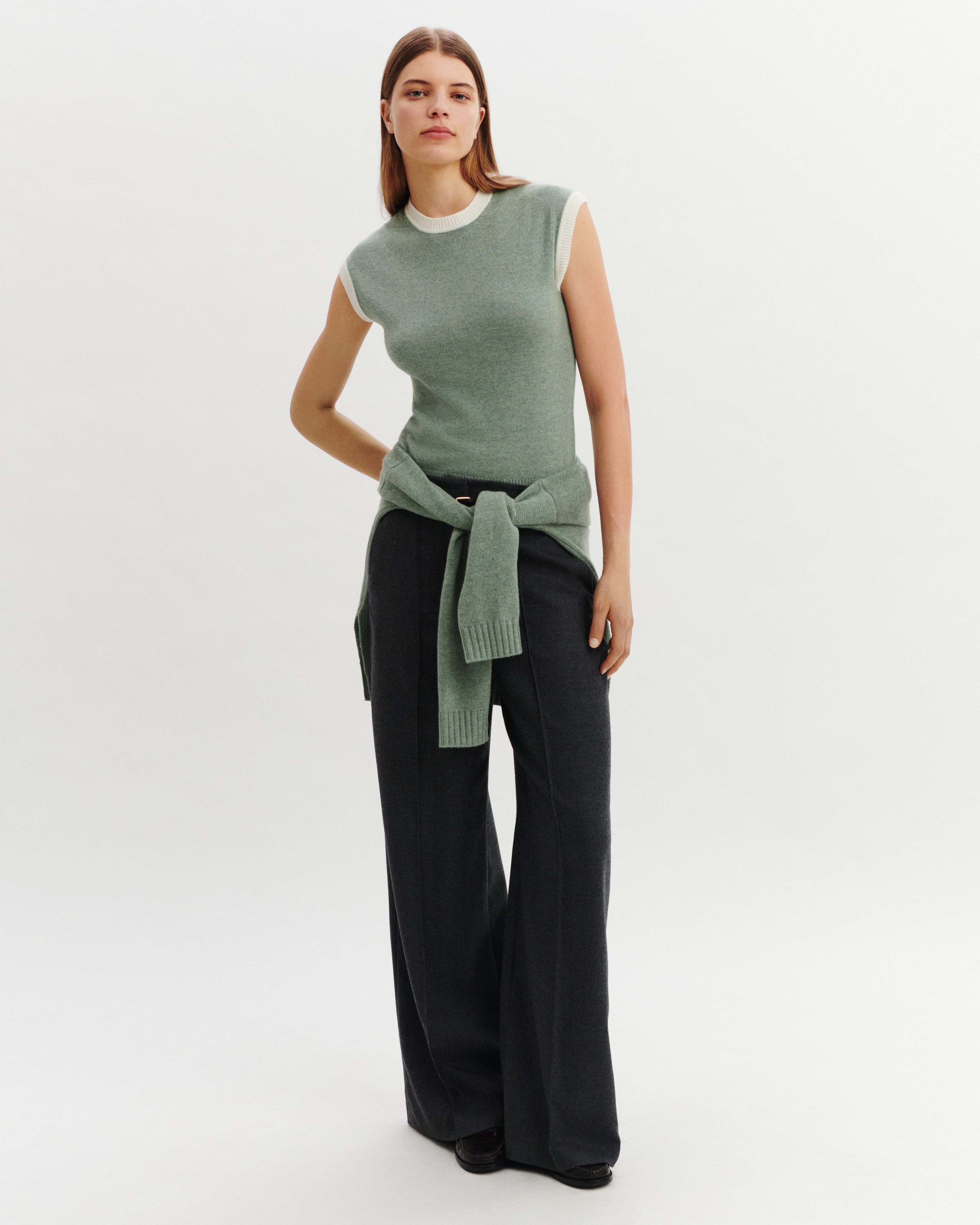 Pull sans manches bicolore-VERT DE GRIS/NATUREL-100% cachemire