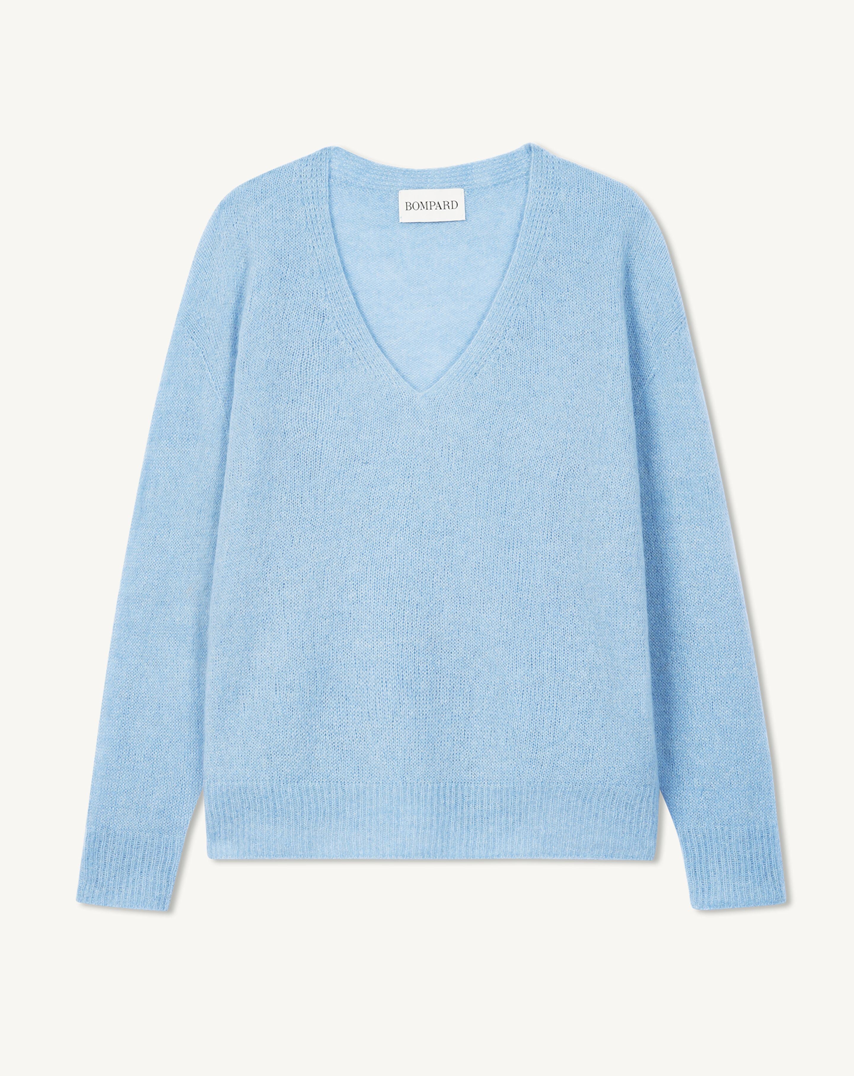 Col V maille plume-BLEU CONCORDE-30% cachemire 30% soie 40% alpaga