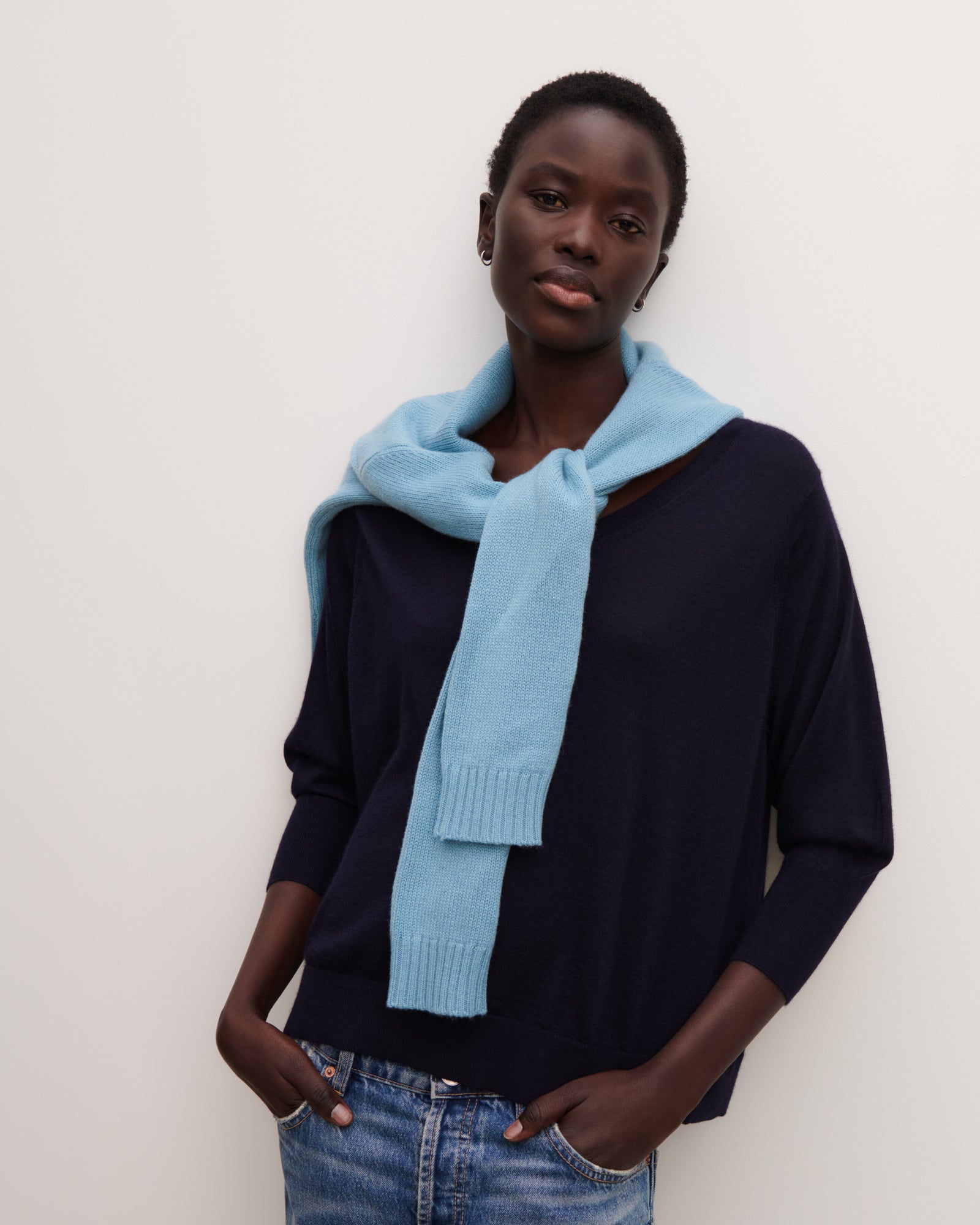 Pull col V ample-MARINE-70% cachemire 30% soie