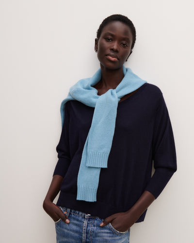 Pull col V ample-MARINE-70% cachemire 30% soie