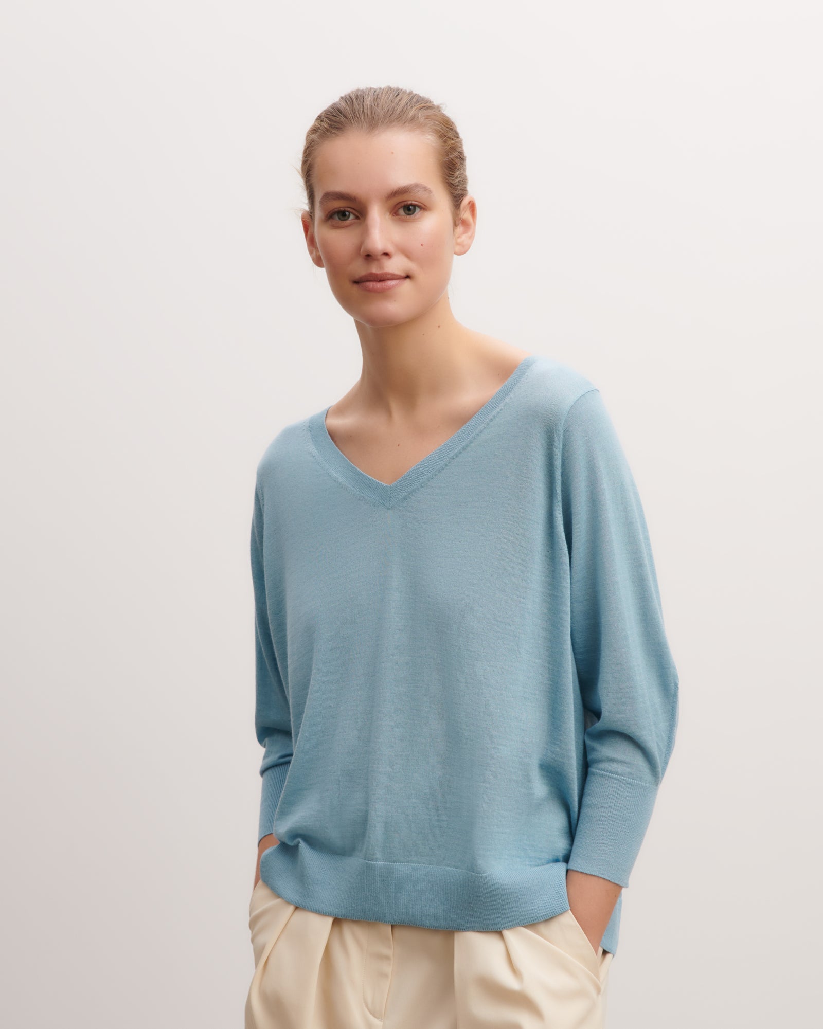 Pull col V ample-BLEU HERON-70% cachemire 30% soie
