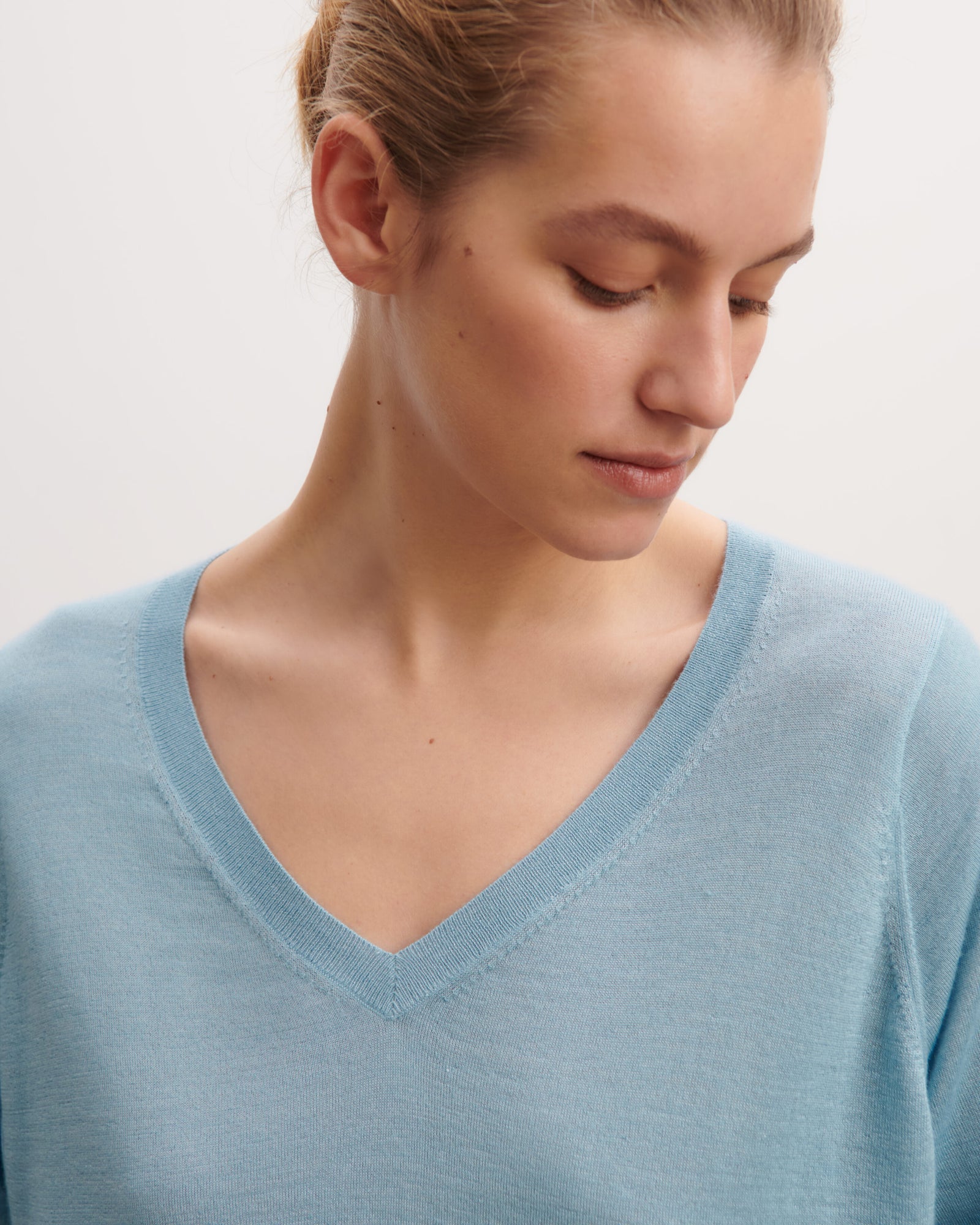Pull col V ample-BLEU HERON-70% cachemire 30% soie