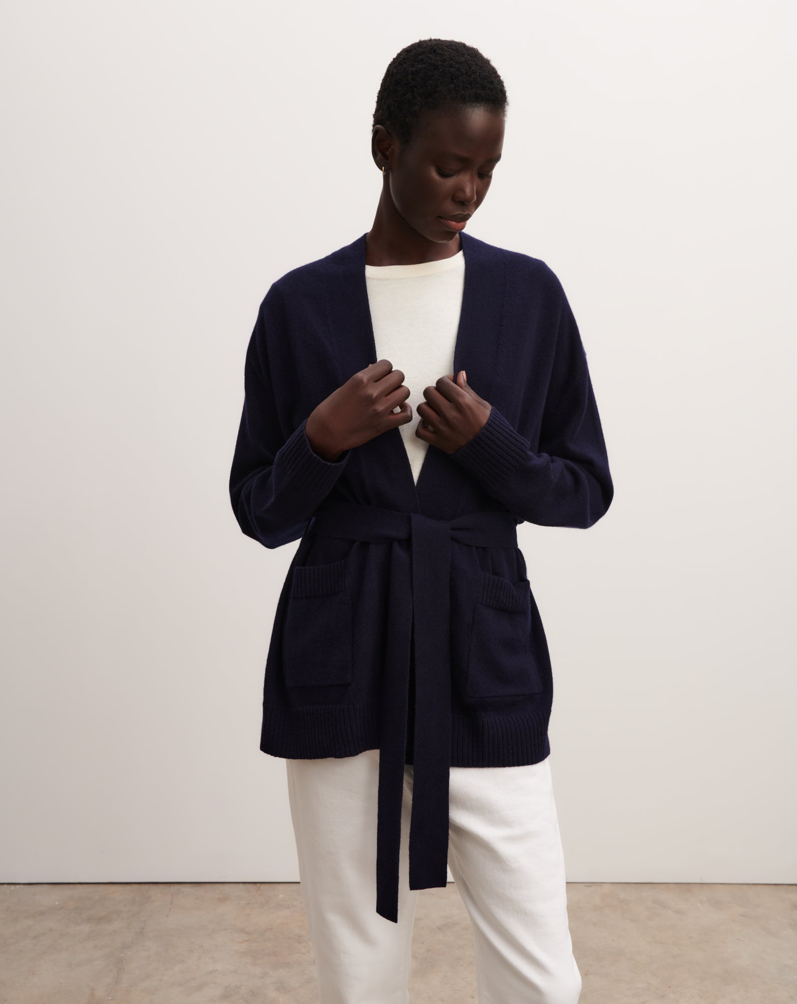 Veste cosy ceinturée-MARINE-100% cachemire