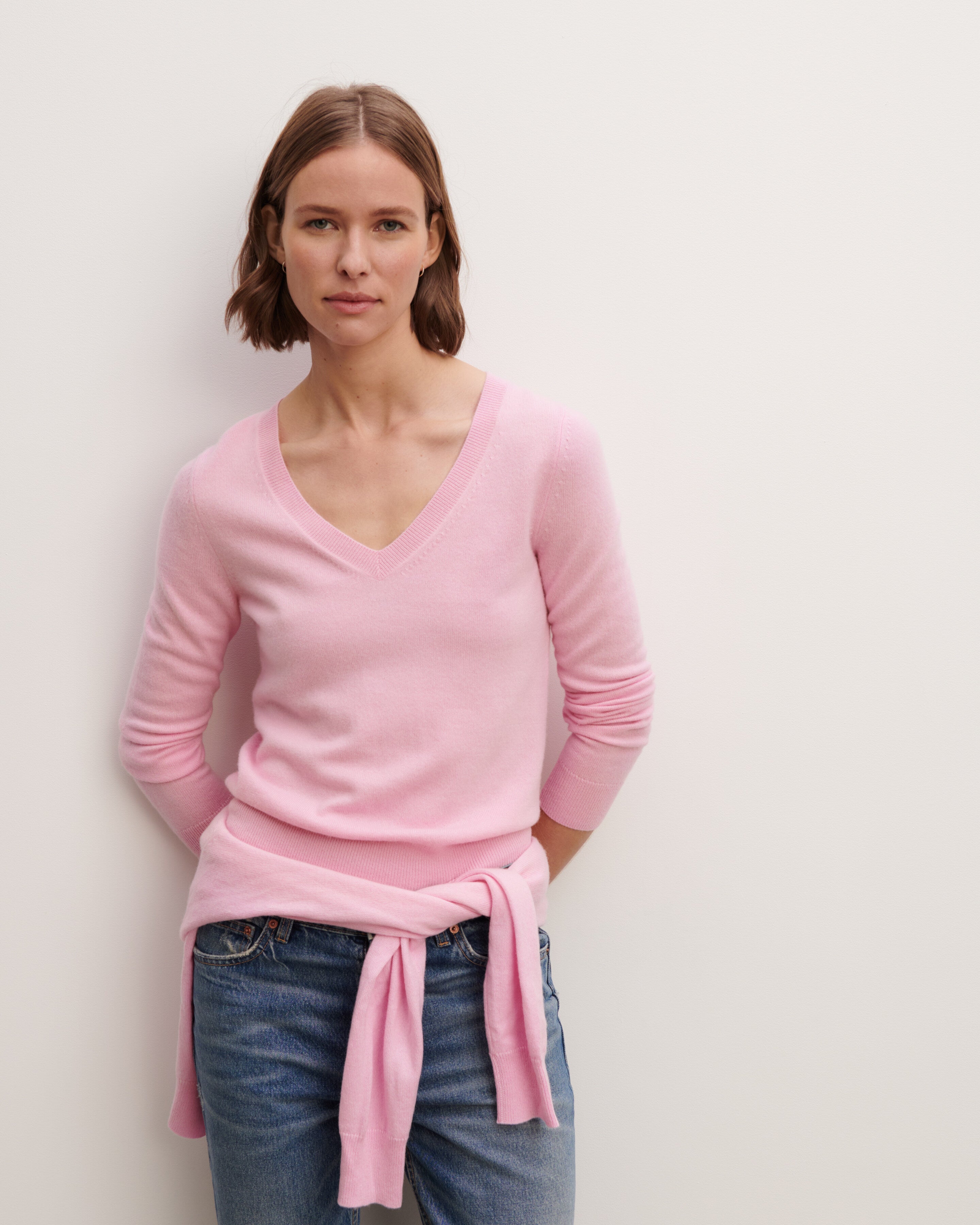 Pull col V classique-ROSE INDIEN-100% cachemire