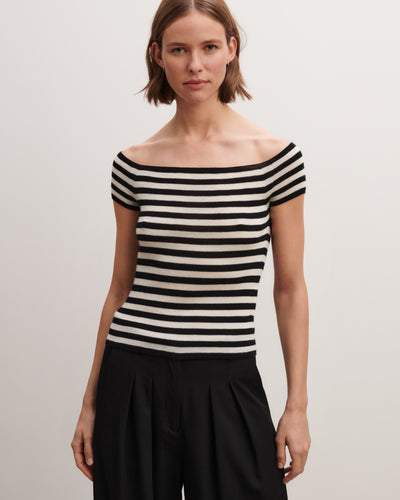 Top rayé en maille unie-NOIR/NATUREL-70% cachemire 30% soie