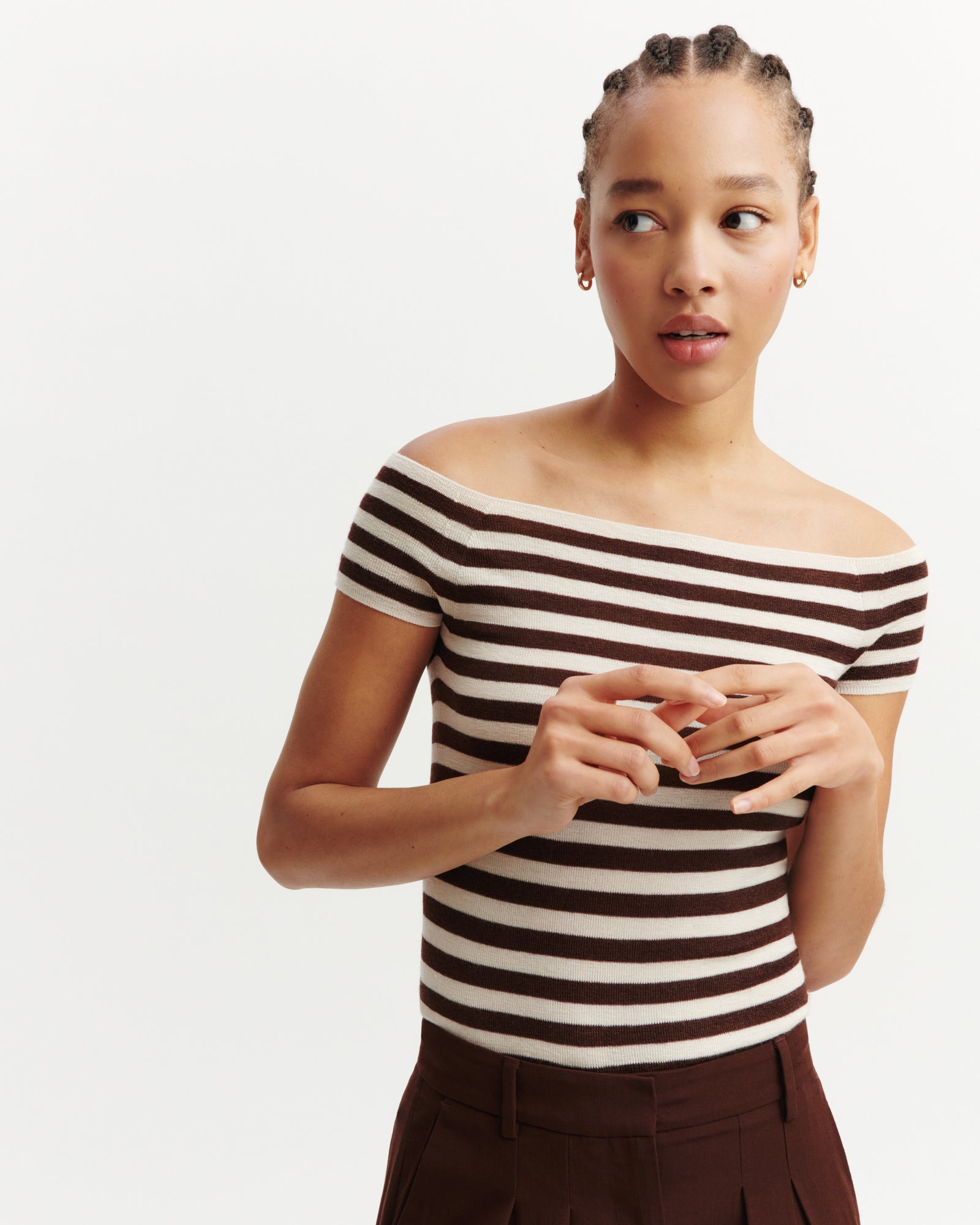 Top rayé en maille unie-CREAM/CAFE-70% cachemire 30% soie