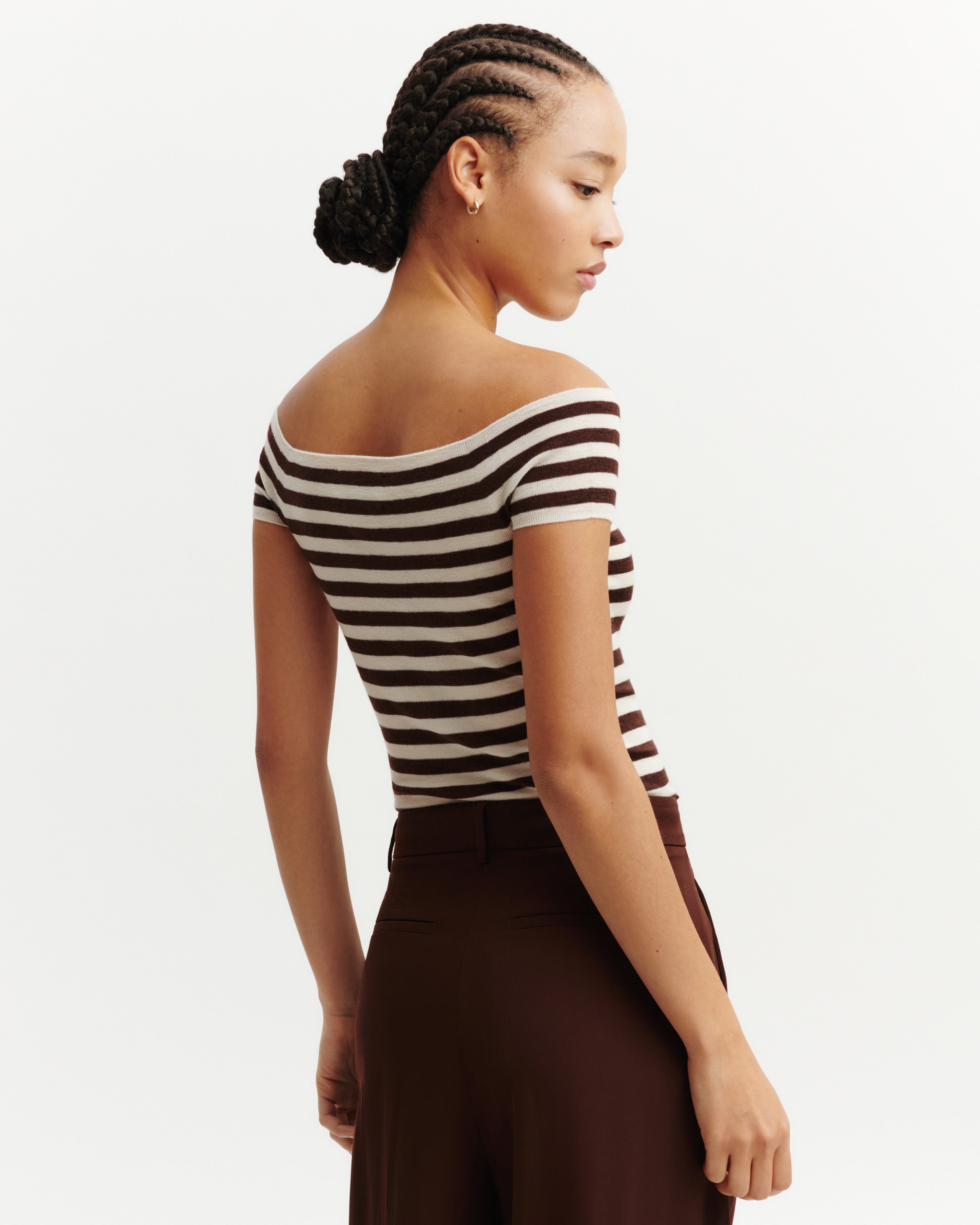 Top rayé en maille unie-CREAM/CAFE-70% cachemire 30% soie