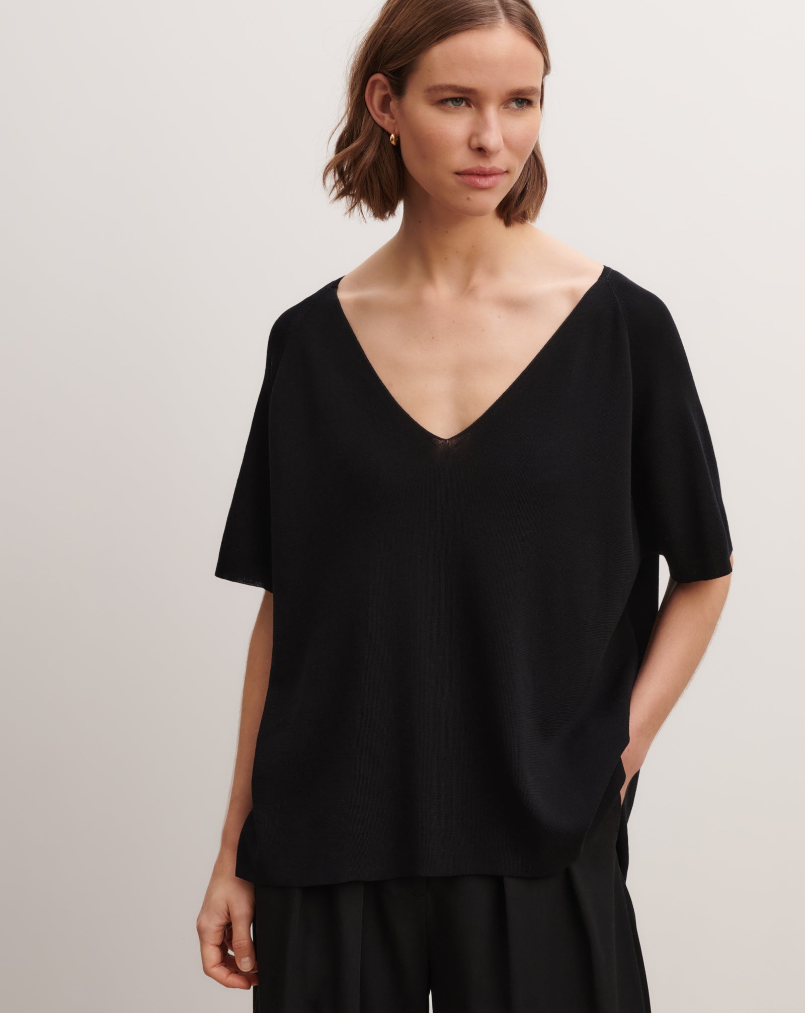 Top col V maille unie-NOIR-100% coton