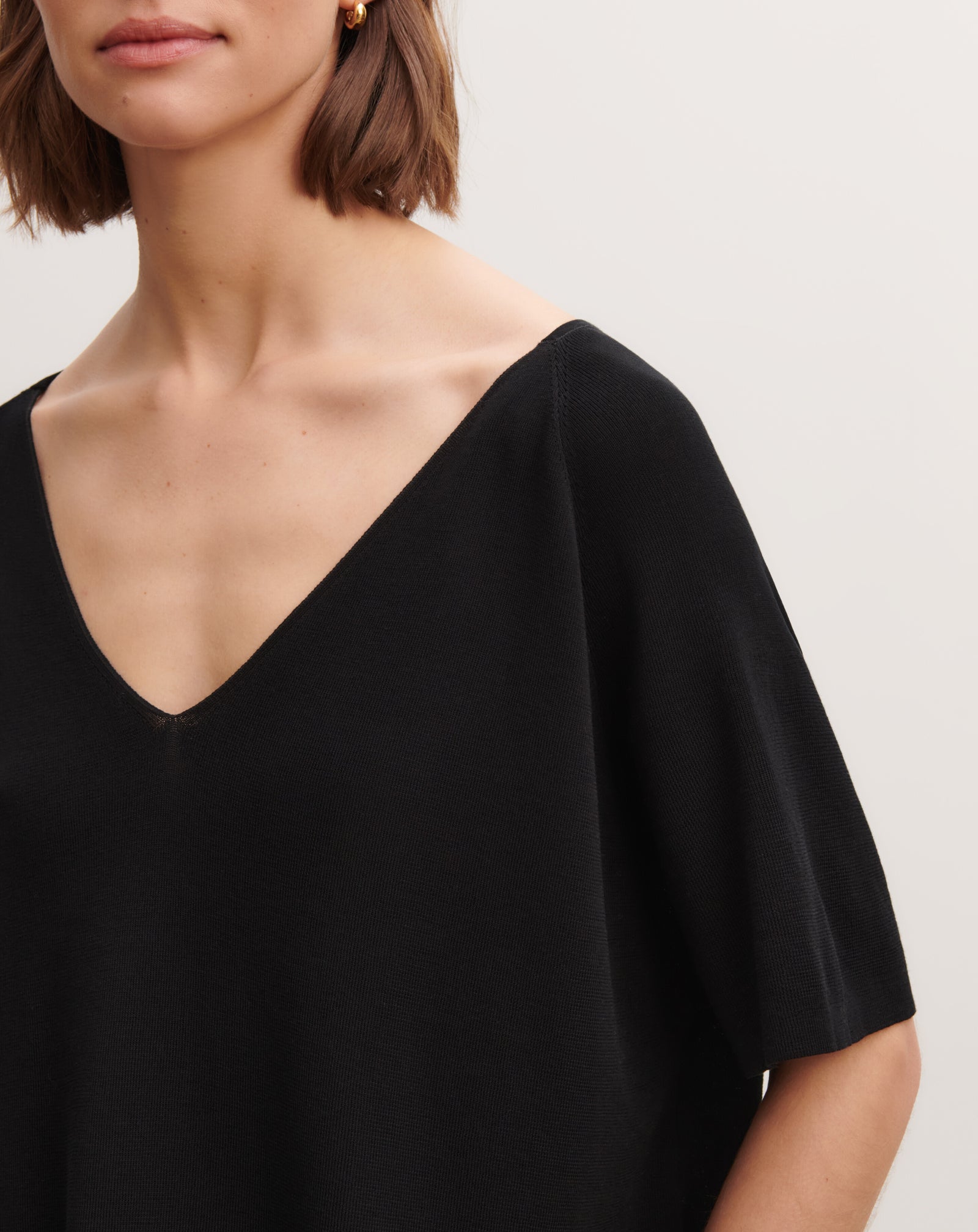 Top col V maille unie-NOIR-100% coton