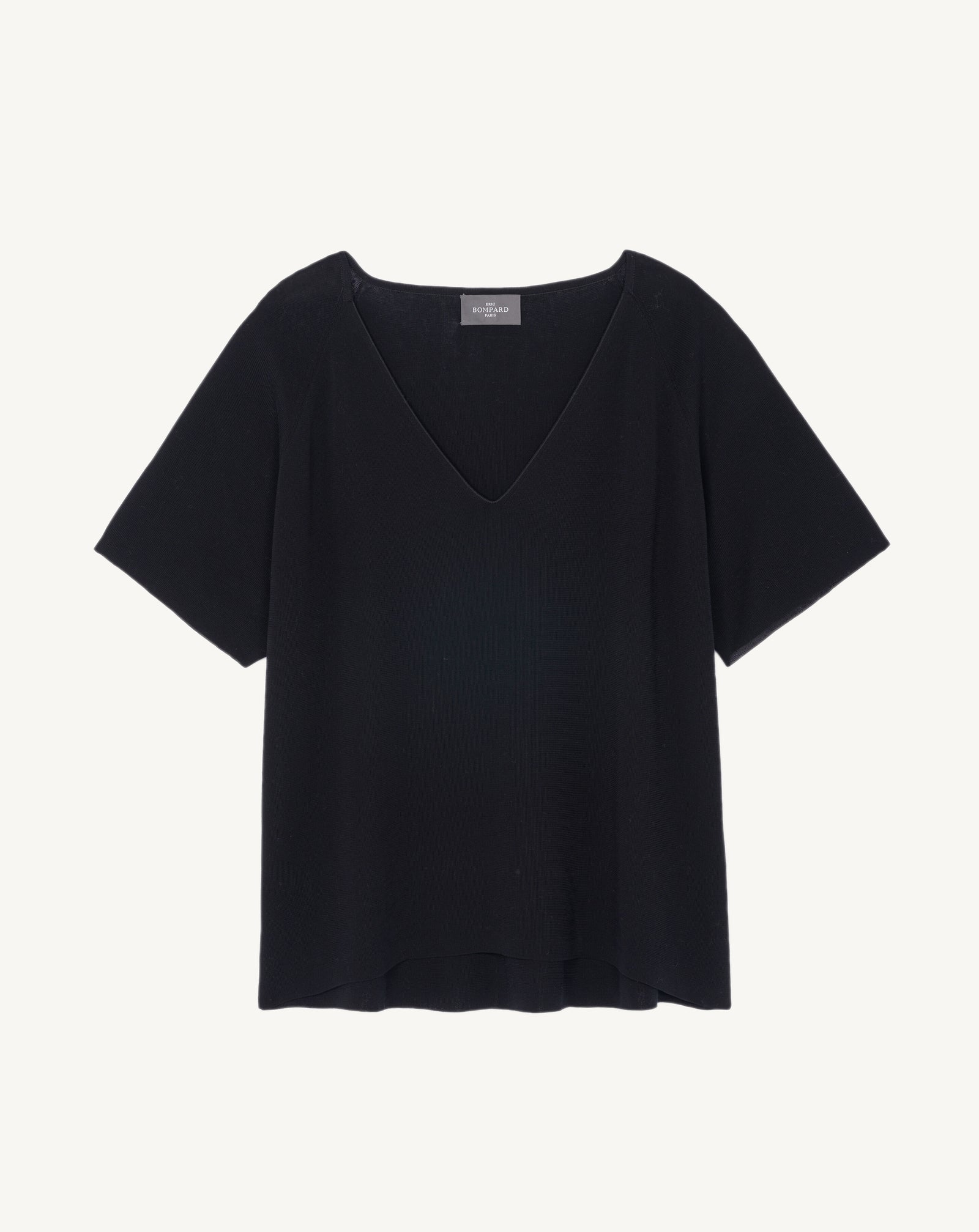 Top col V maille unie-NOIR-100% coton