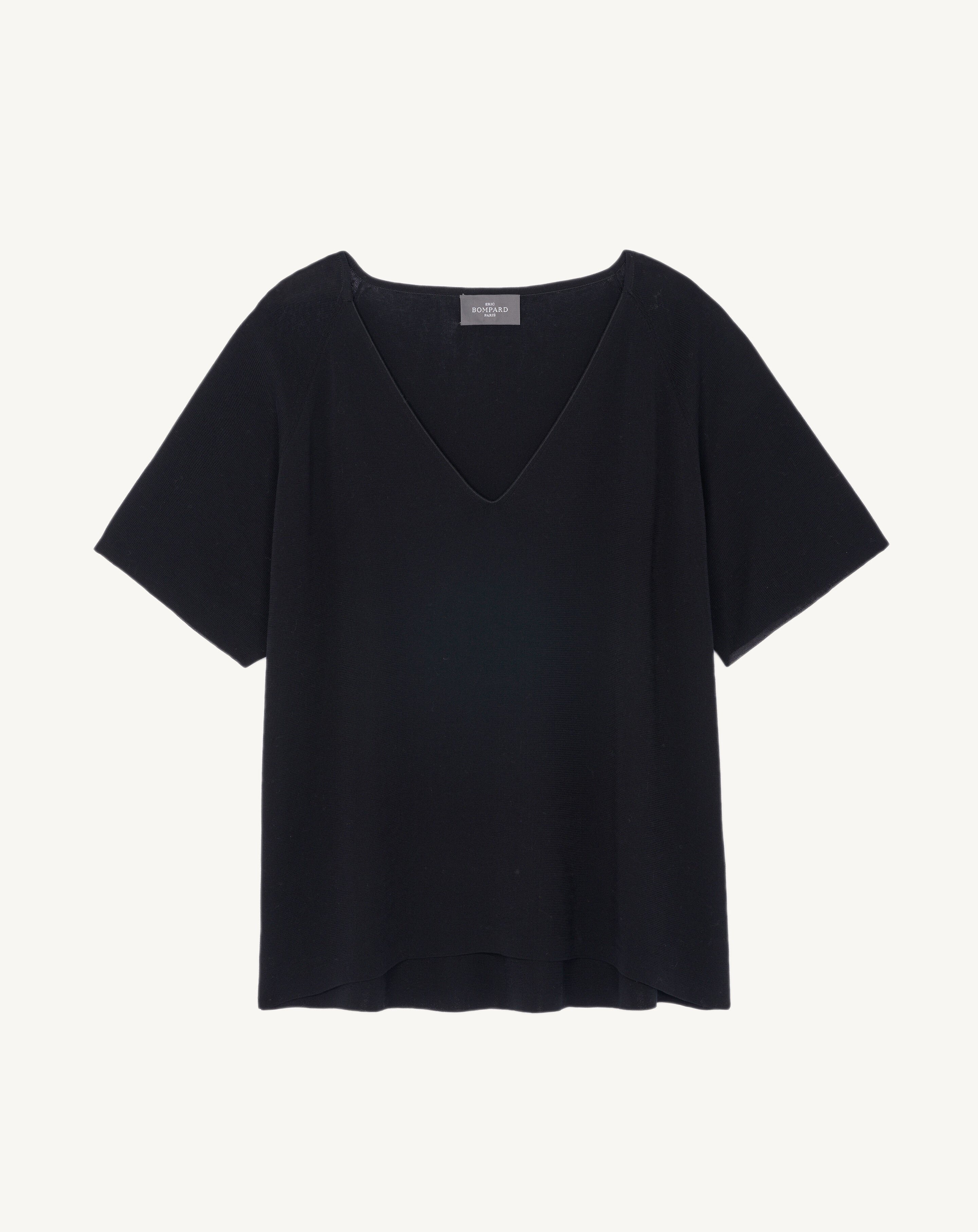 Top col V maille unie-NOIR-100% coton