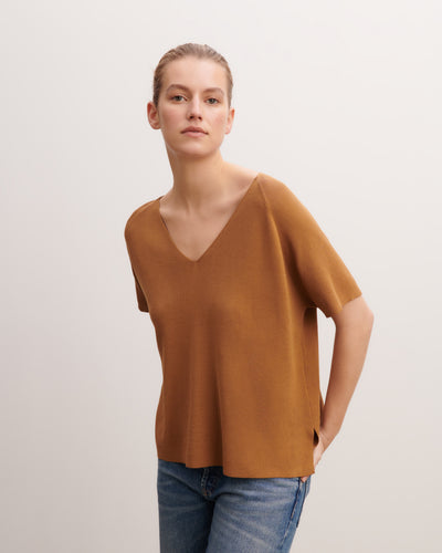 Top col V maille unie-MACCHIATO-100% coton