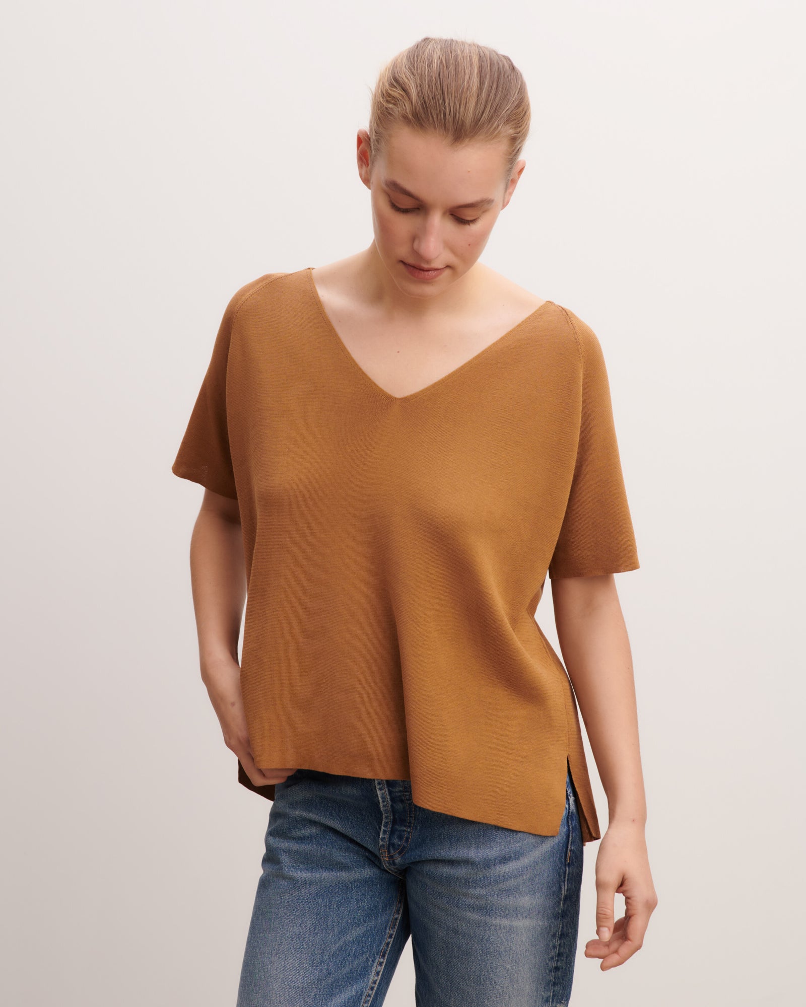 Top col V maille unie-MACCHIATO-100% coton