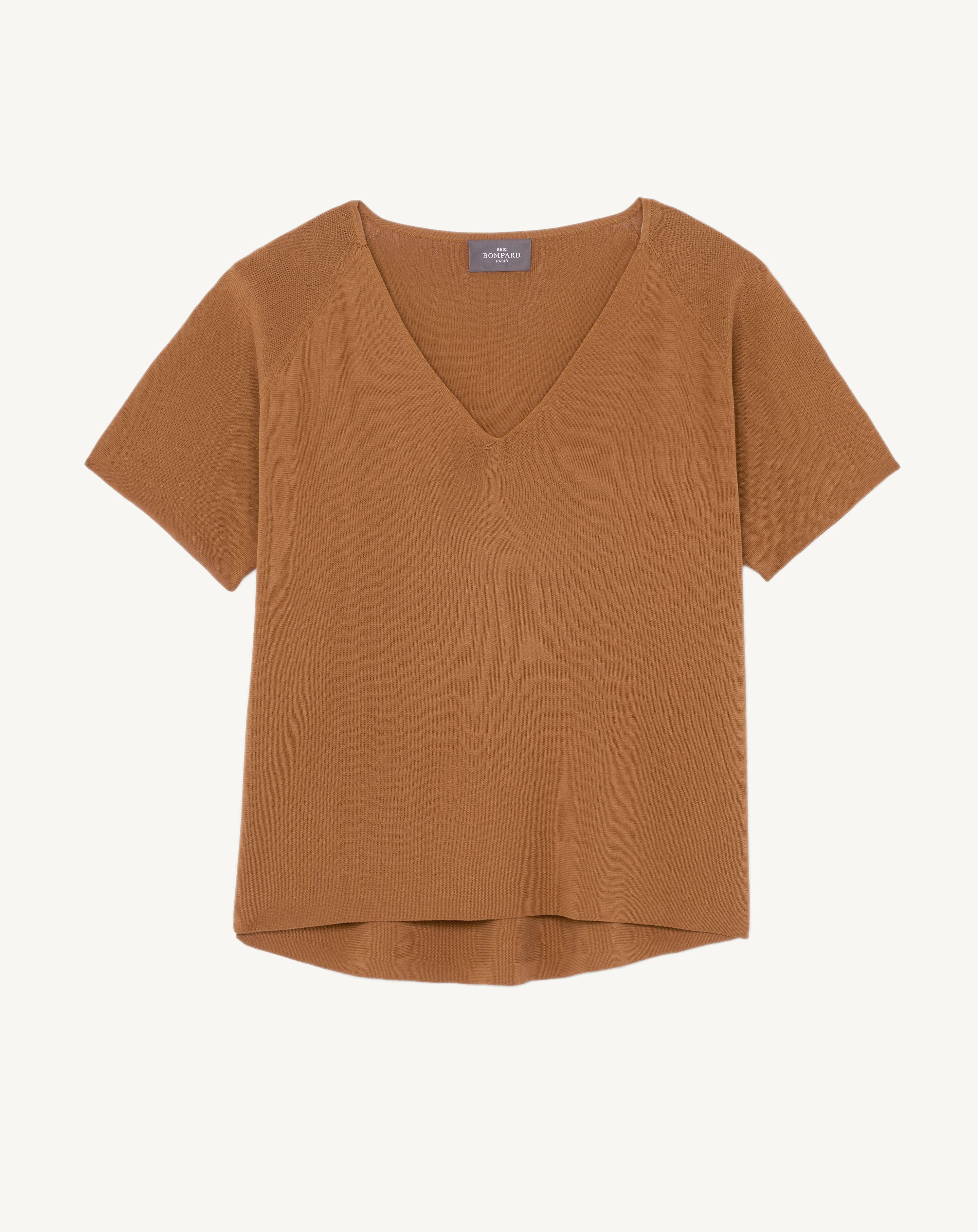 Top col V maille unie-MACCHIATO-100% coton