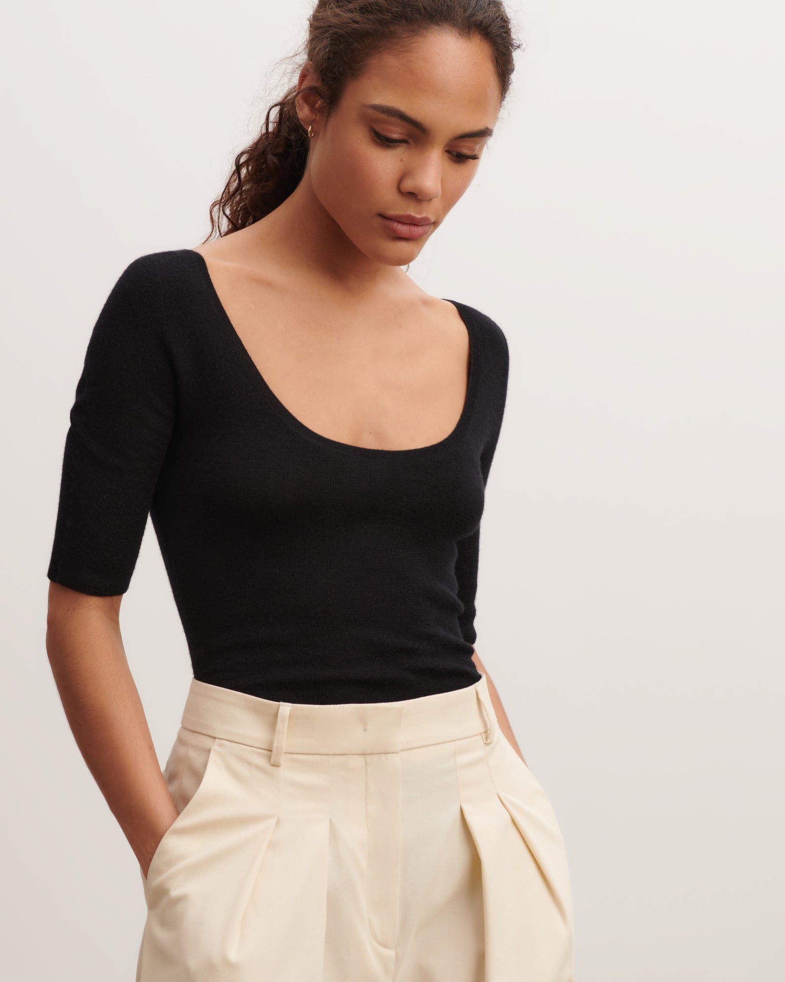 Body en maille unie-NOIR-70% cachemire 30% soie