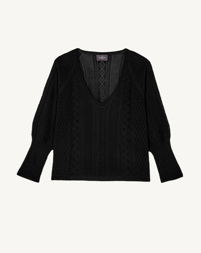 Top col V en pointelle-NOIR-85% soie 15% cachemire