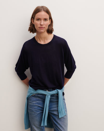 Pull col rond ample-MARINE-70% cachemire 30% soie