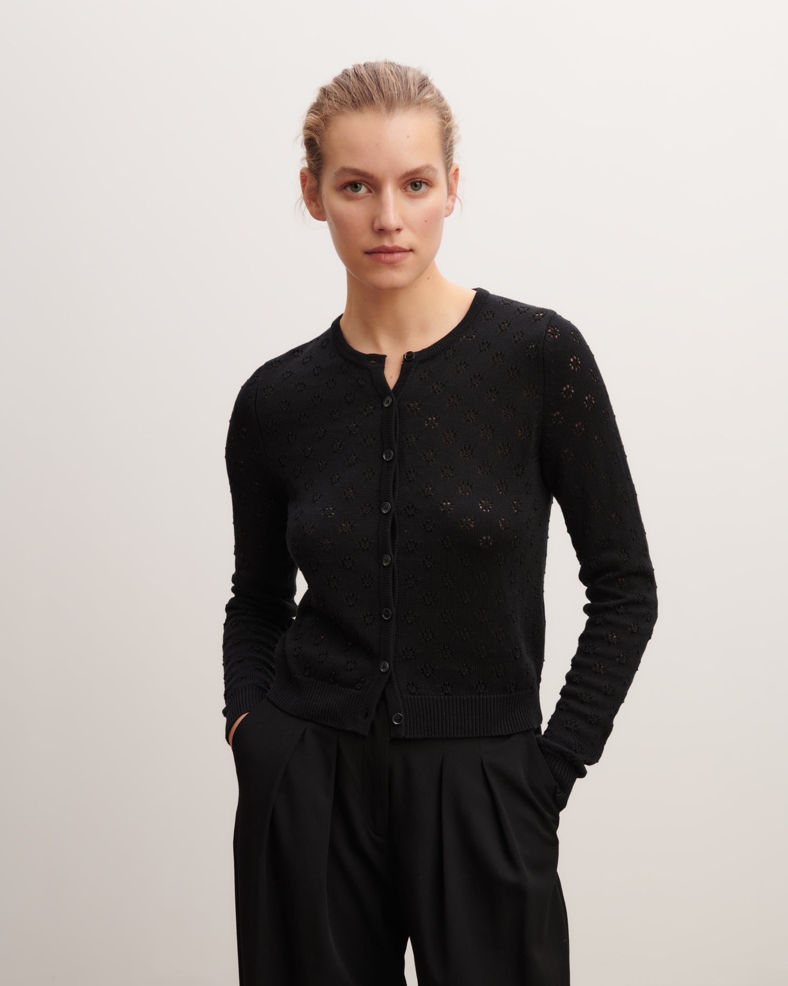 Cardigan en pointelle-NOIR-55% soie 45% coton