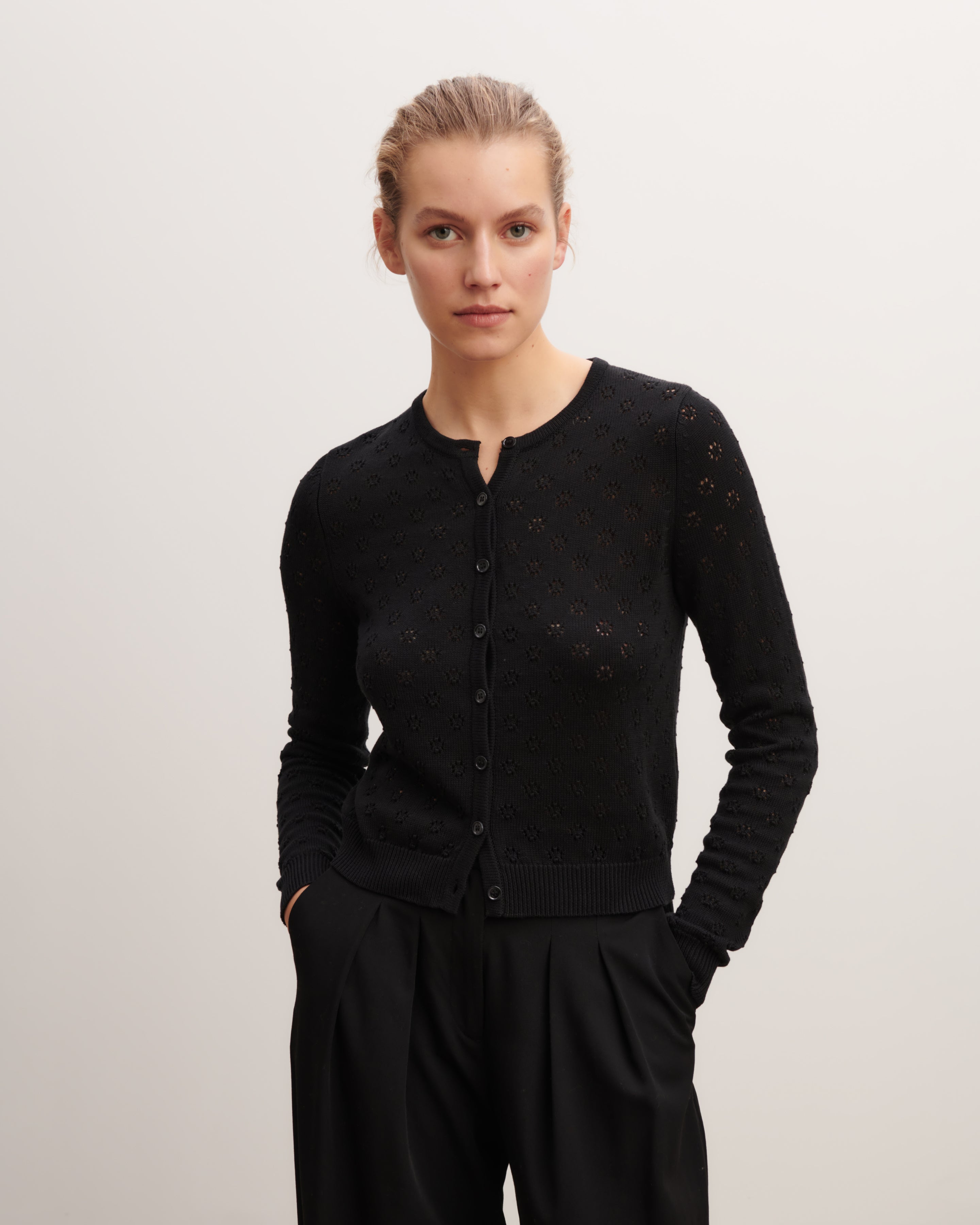 Cardigan en pointelle-NOIR-55% soie 45% coton