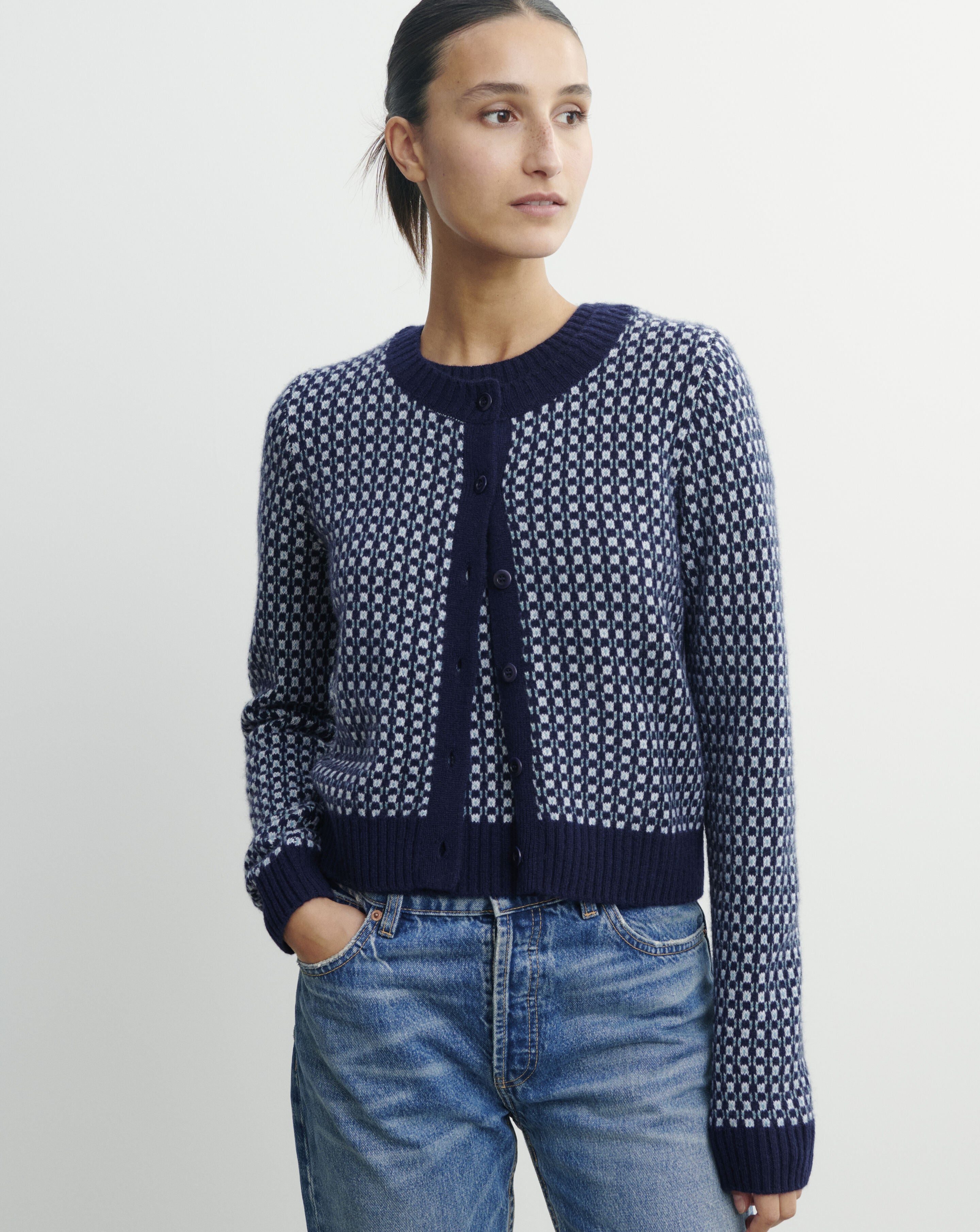 Cardigan micromotif-MARINE-100% cachemire