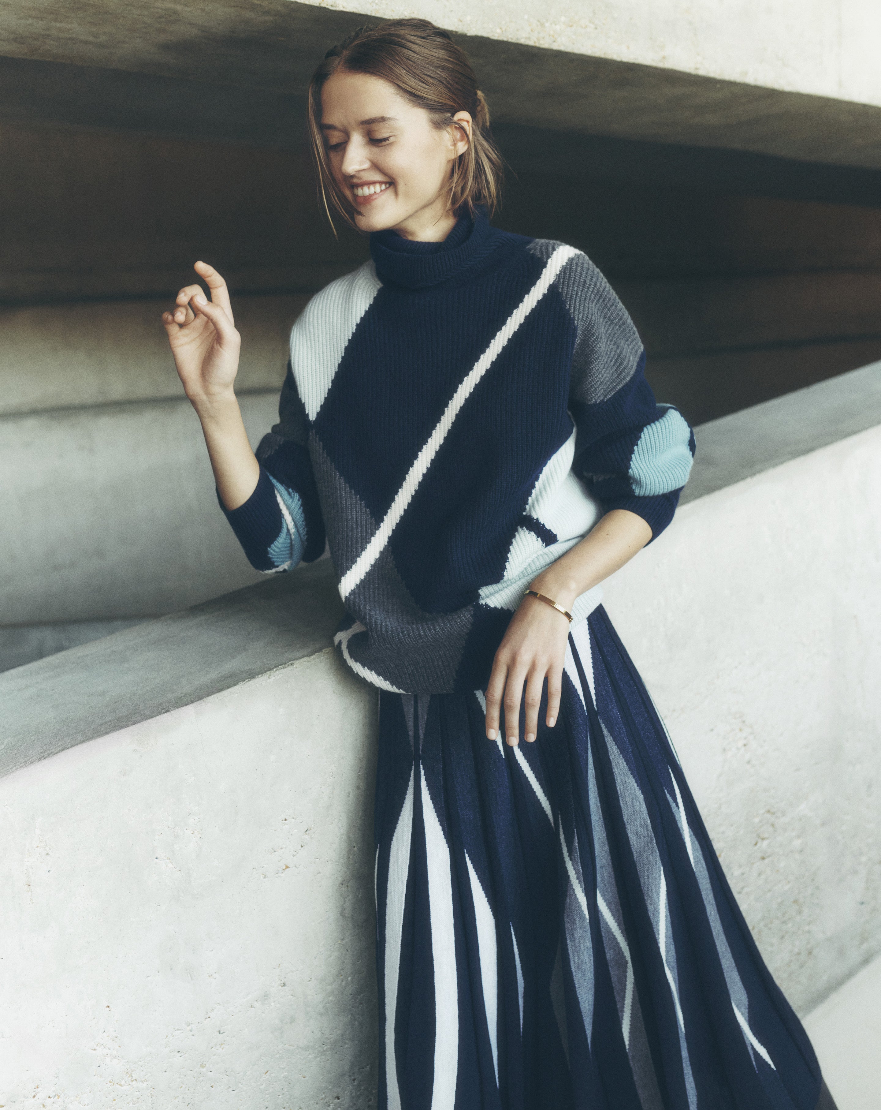 Pull col roulé argyle-MARINE-100% cachemire