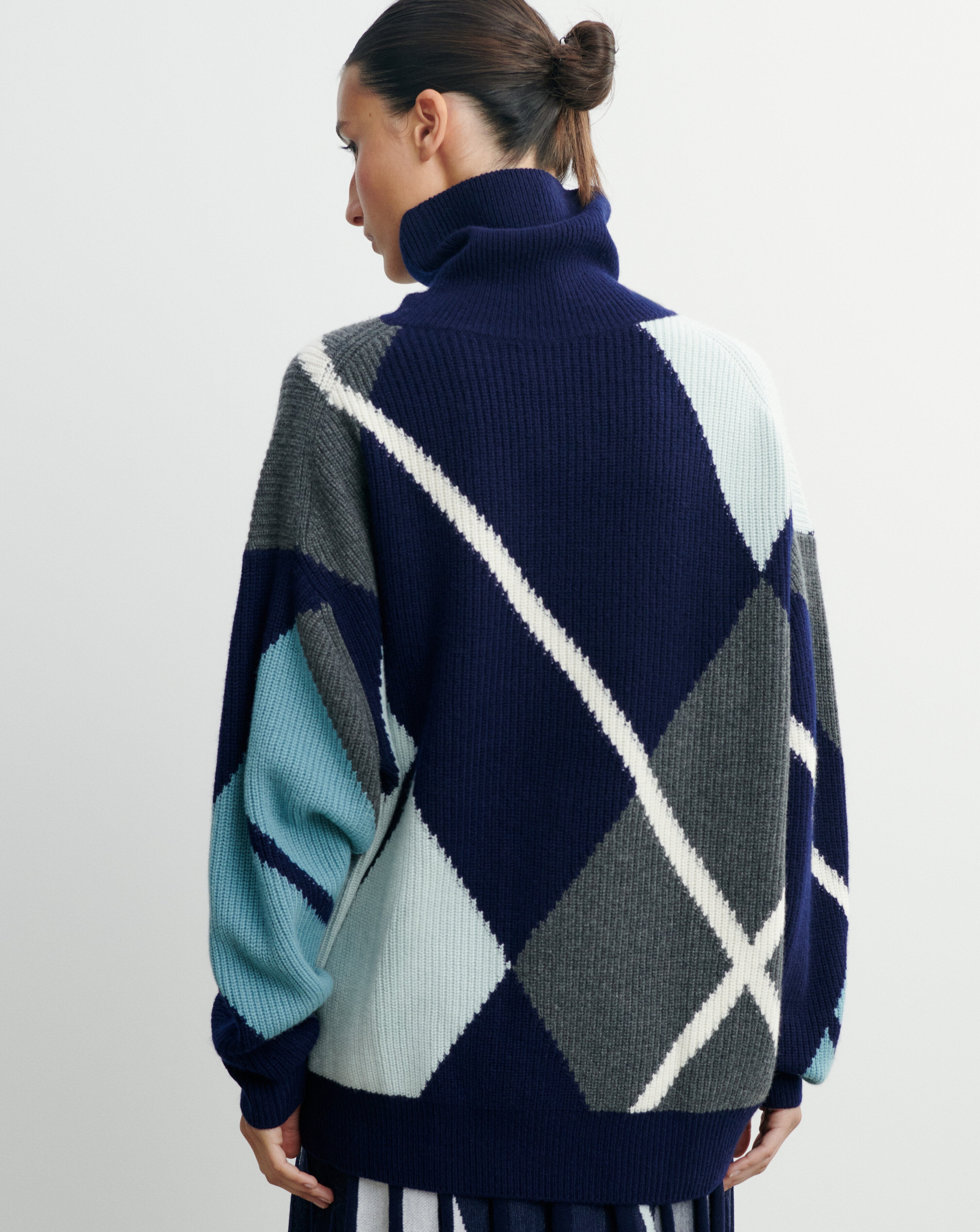 Pull col roulé argyle-MARINE-100% cachemire
