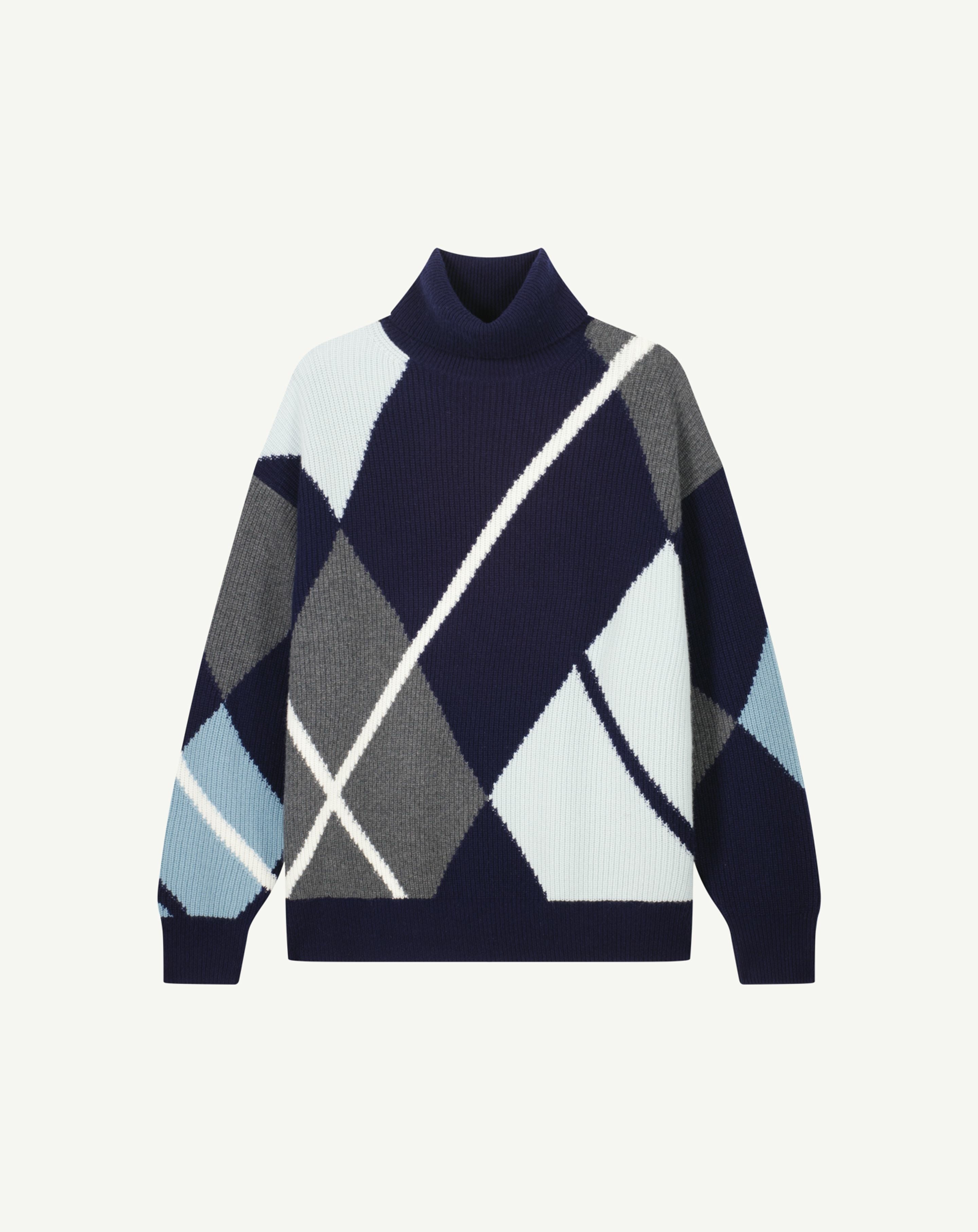 Pull col roulé argyle-MARINE-100% cachemire