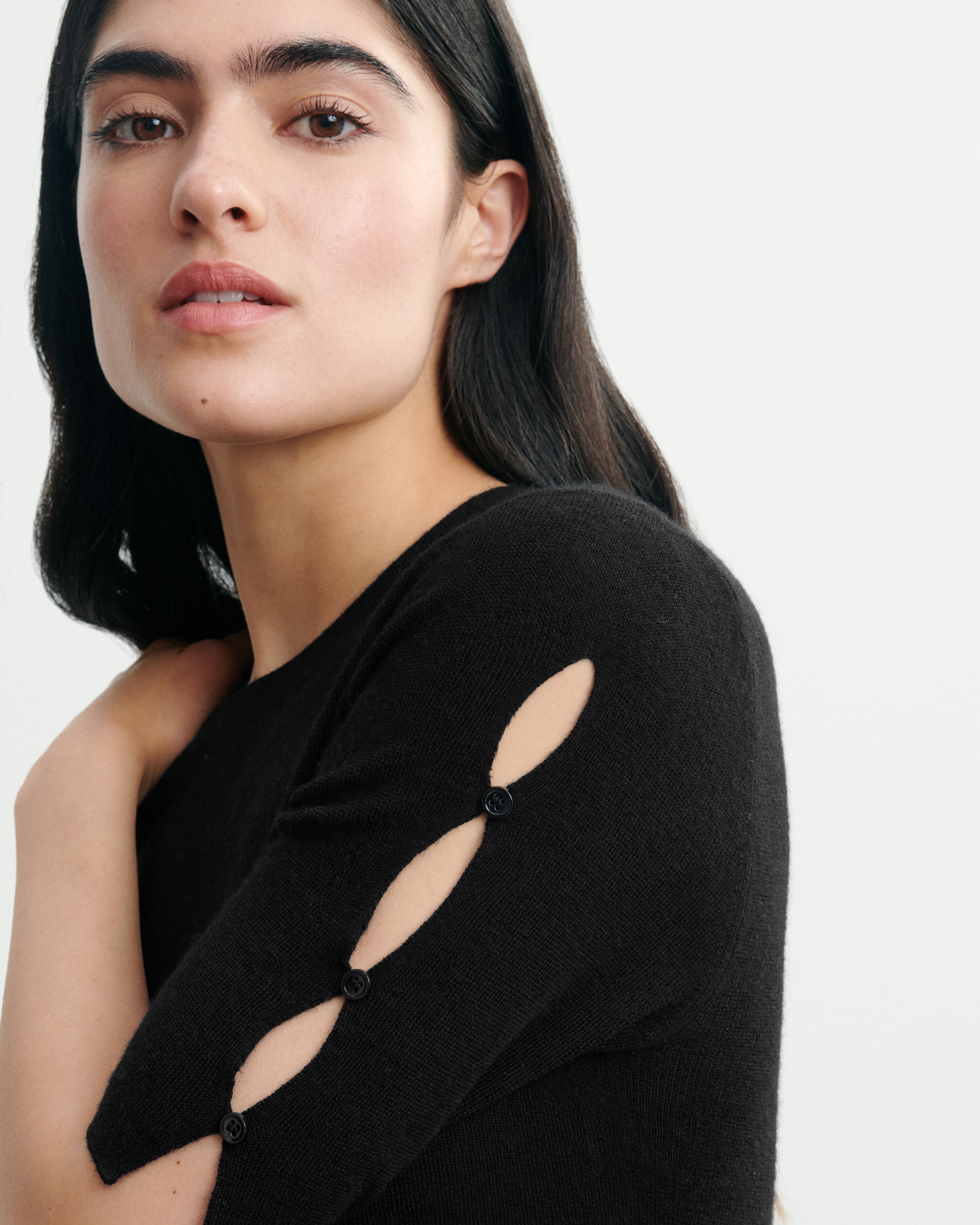 Top maille unie à boutons-NOIR-70% cachemire 30% soie