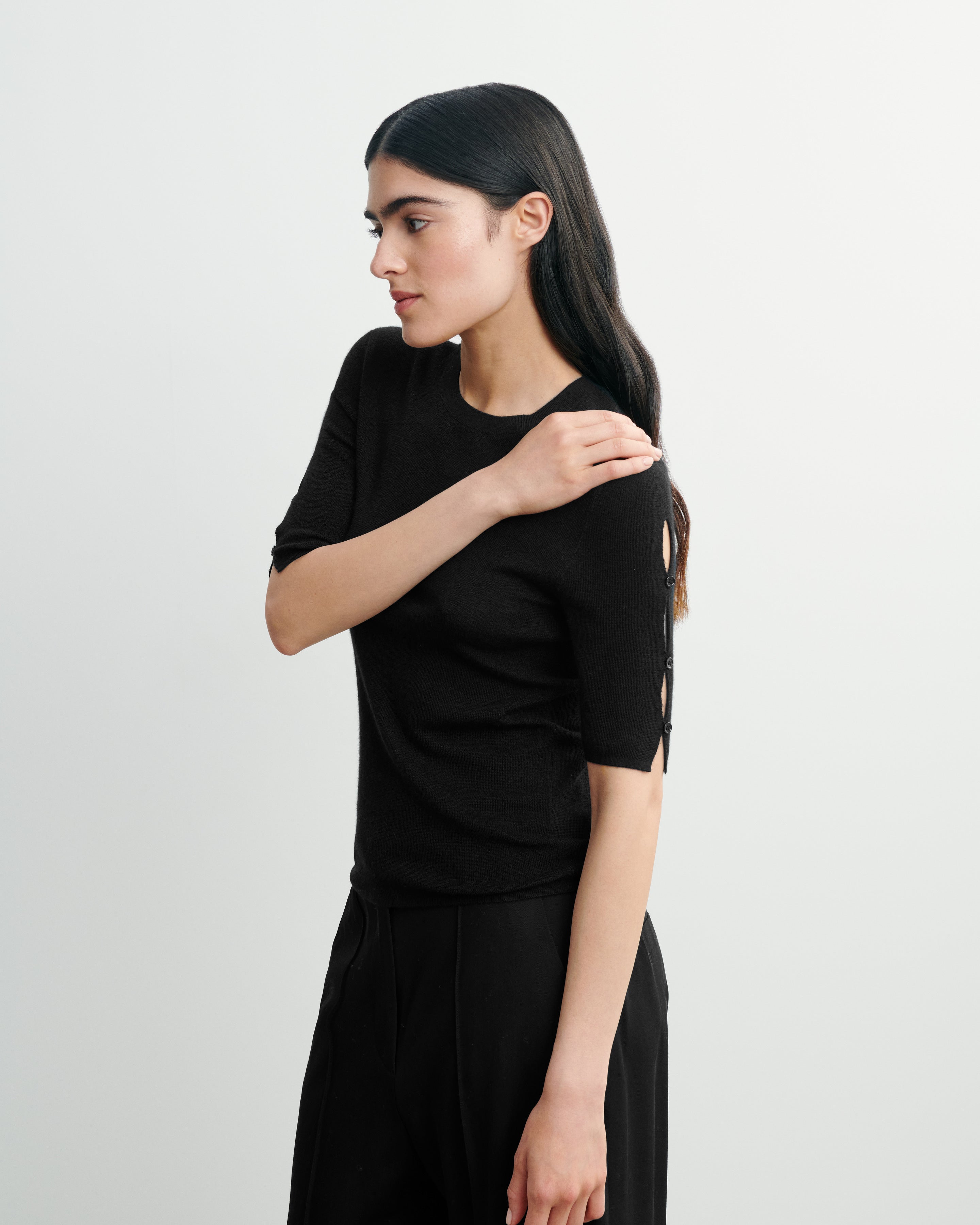 Top maille unie à boutons-NOIR-70% cachemire 30% soie