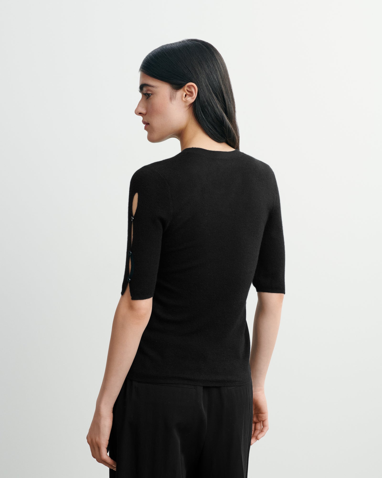 Top maille unie à boutons-NOIR-70% cachemire 30% soie
