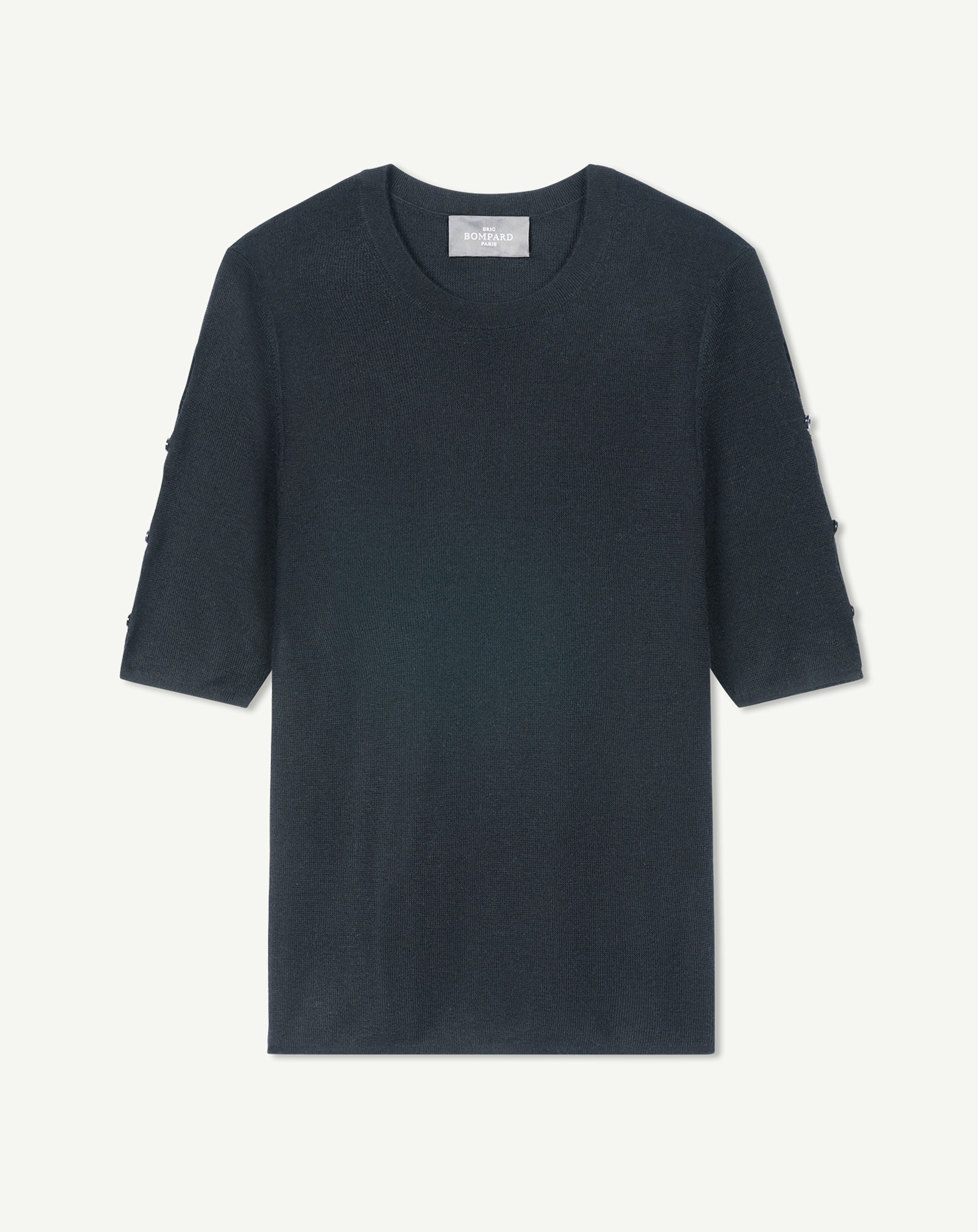 Top maille unie à boutons-NOIR-70% cachemire 30% soie