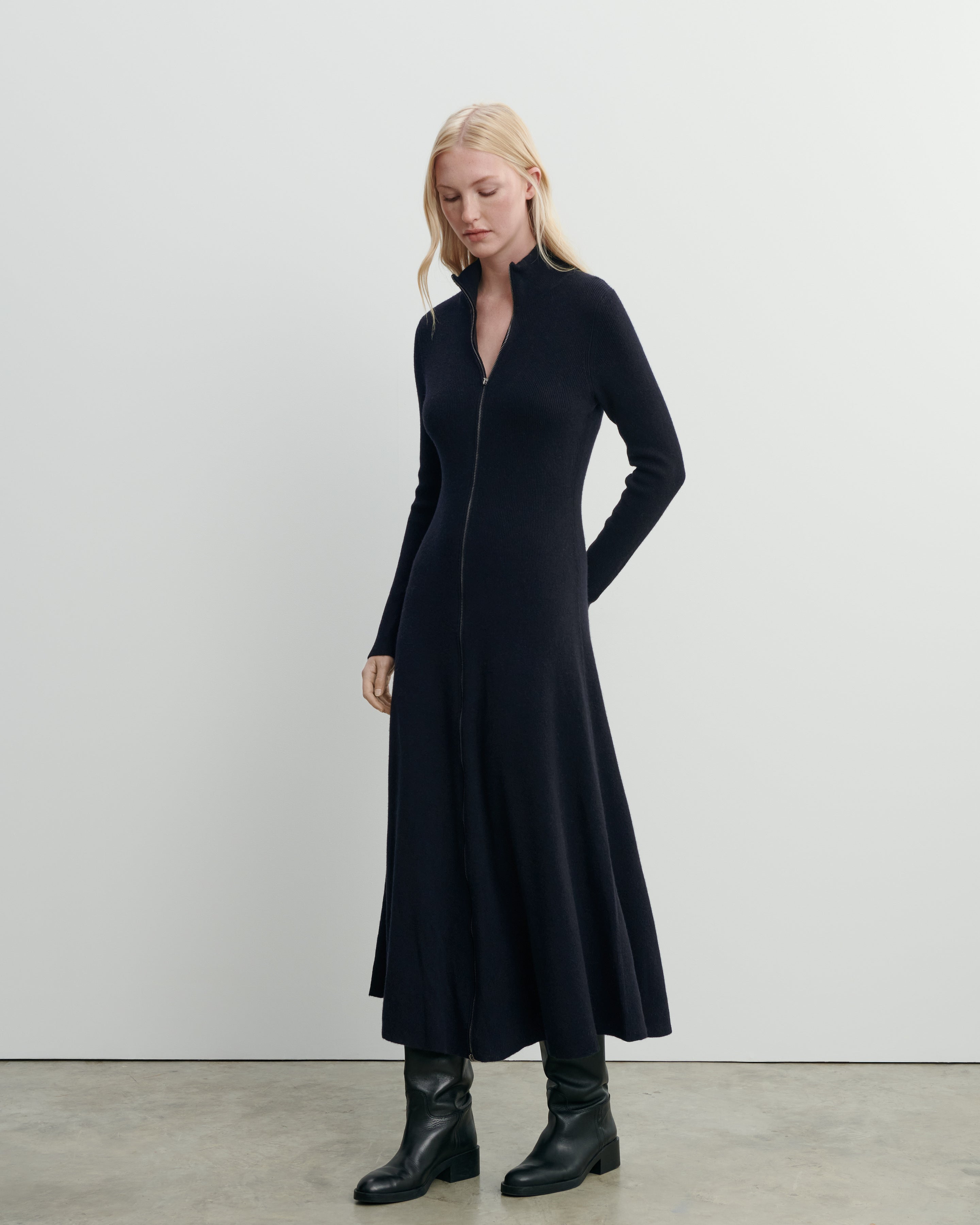 Robe zippée maille unie-NOIR-70% cachemire 30% soie