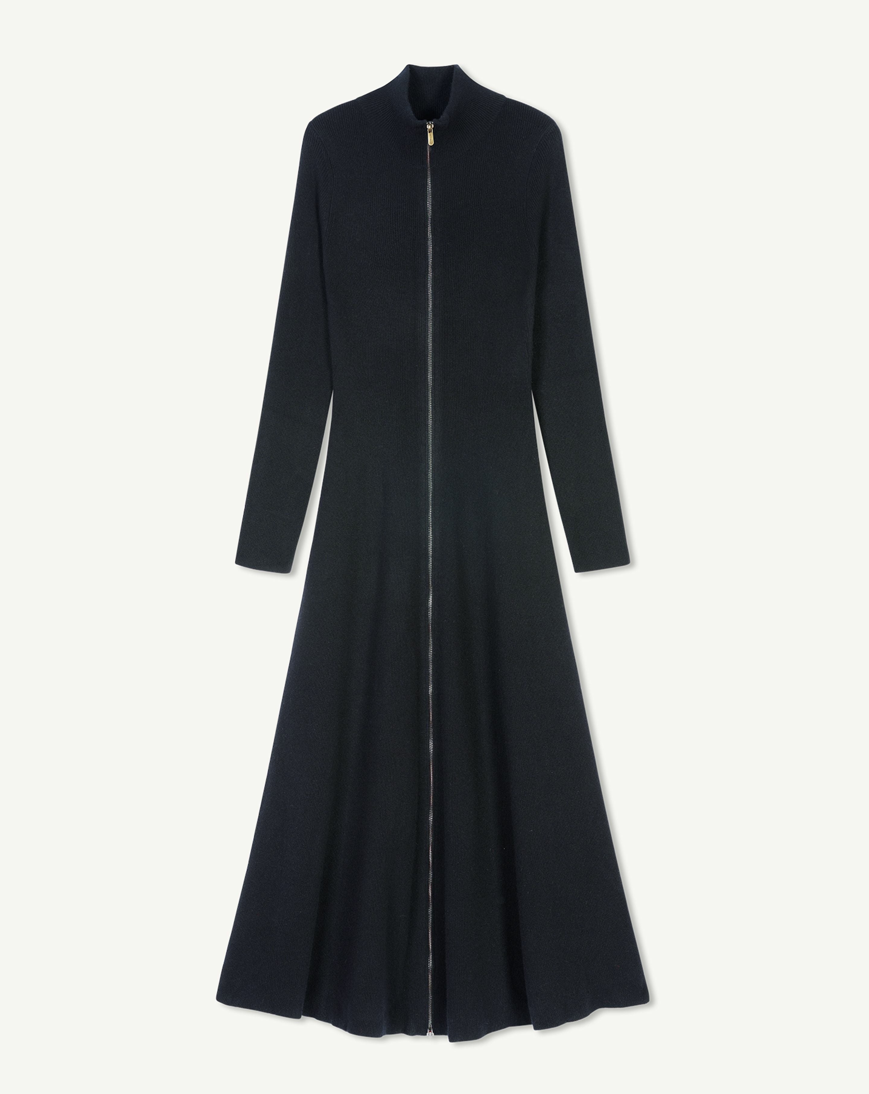 Robe zippée maille unie-NOIR-70% cachemire 30% soie