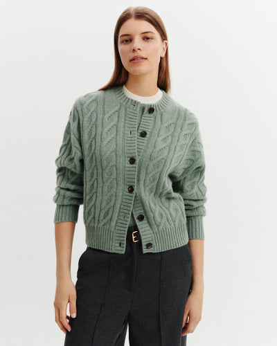 Cardigan à torsades-VERT DE GRIS-100% cachemire