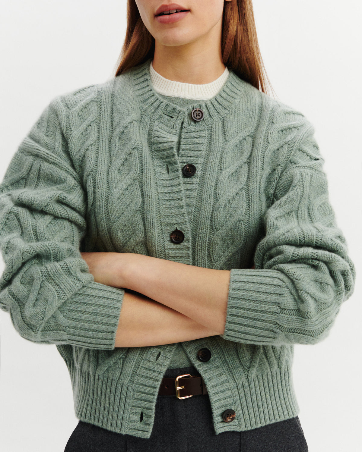 Cardigan à torsades-VERT DE GRIS-100% cachemire