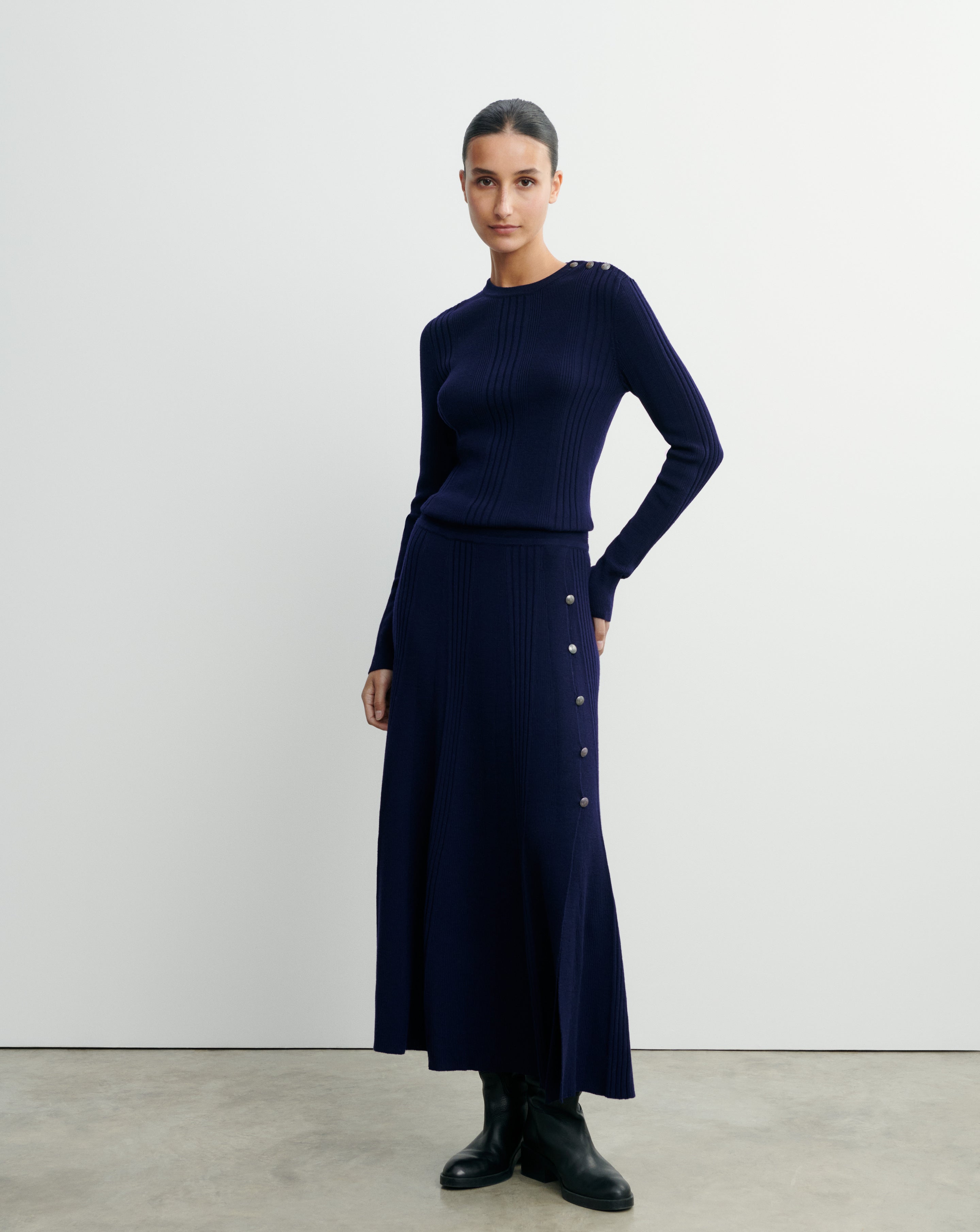 Jupe évasée jeu de côtes-MARINE-100% laine