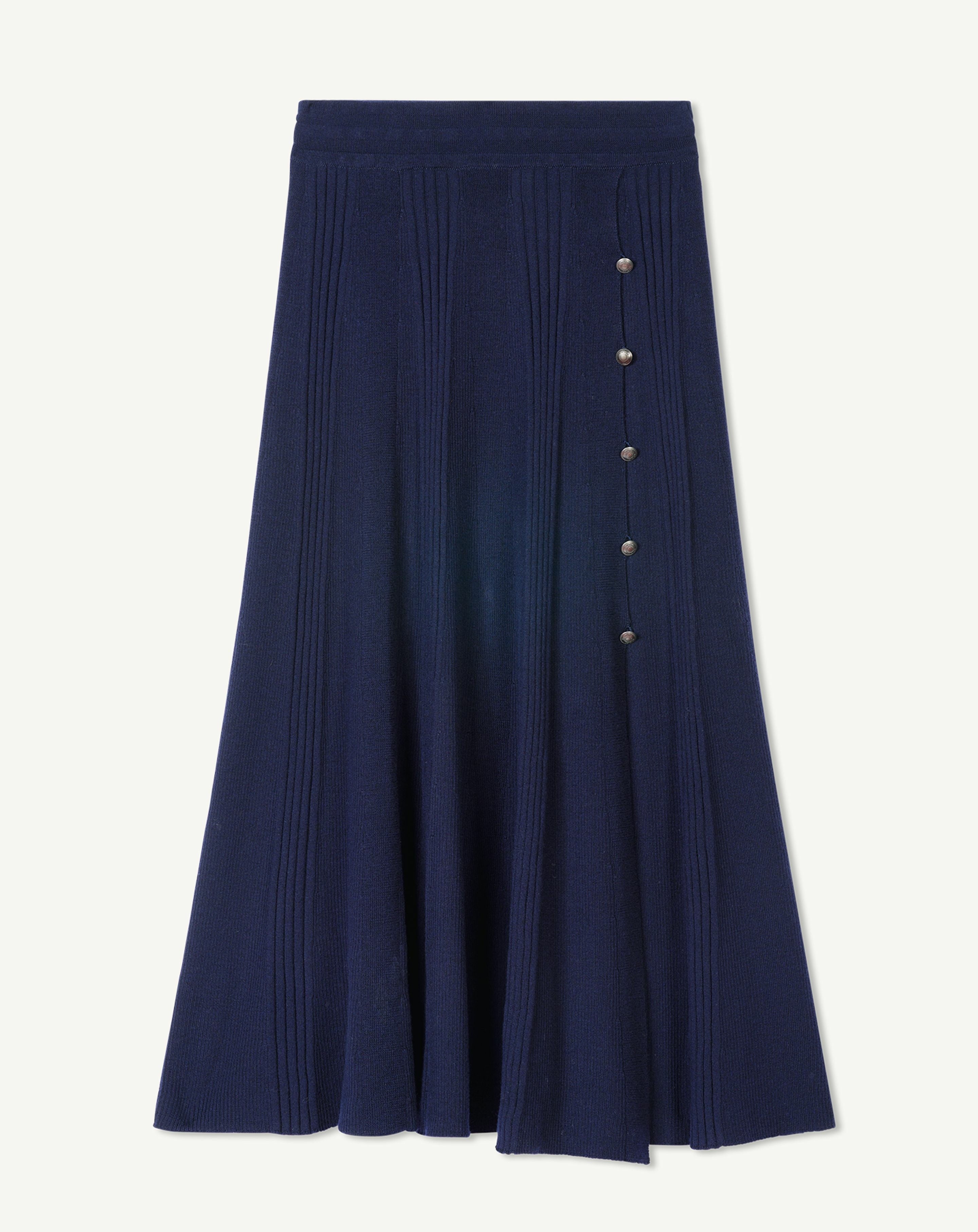 Jupe évasée jeu de côtes-MARINE-100% laine
