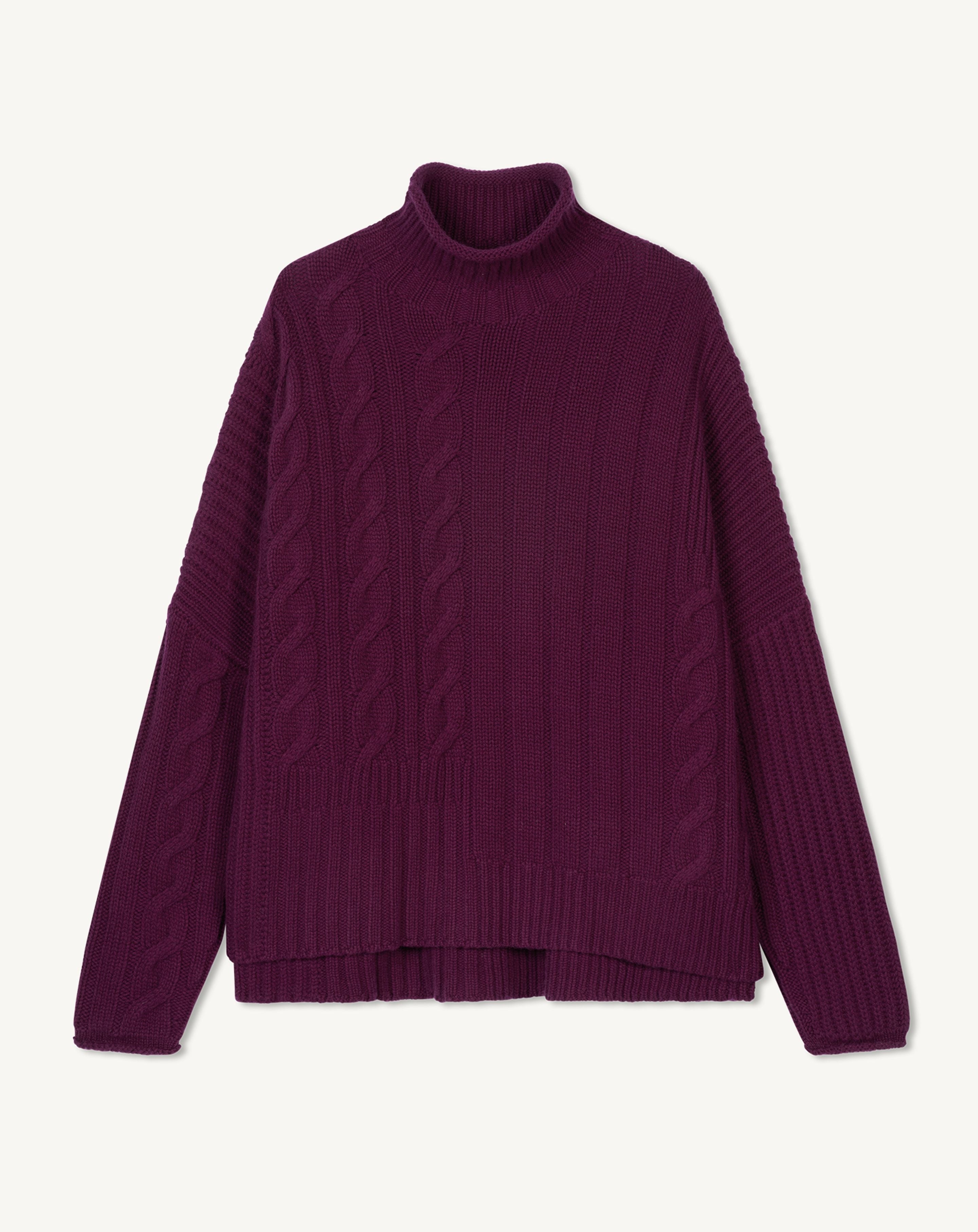 Col montant à torsades-PRUNE DAMAS-100% cachemire