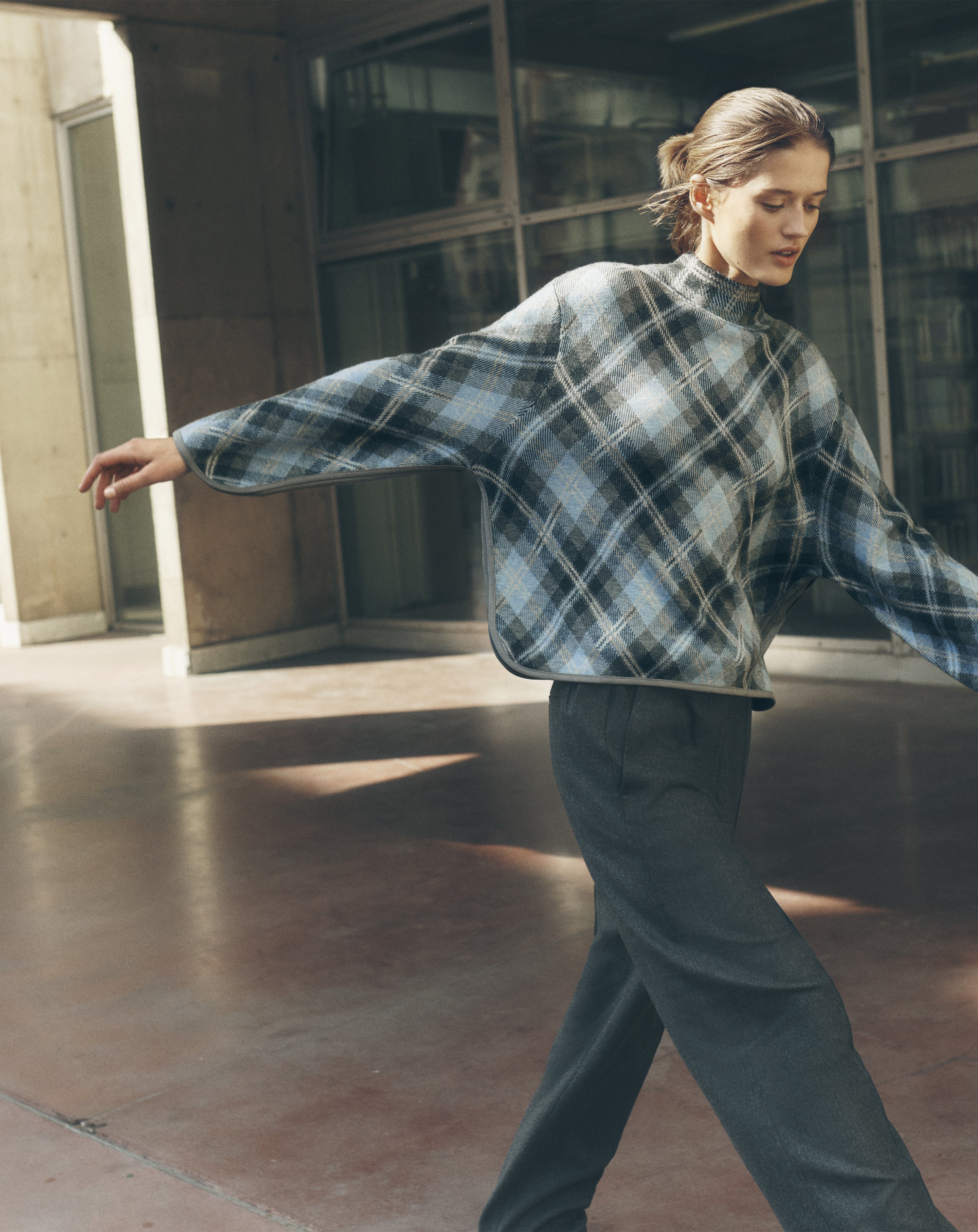 Pull col montant tartan Gris meteorite/bleu concorde