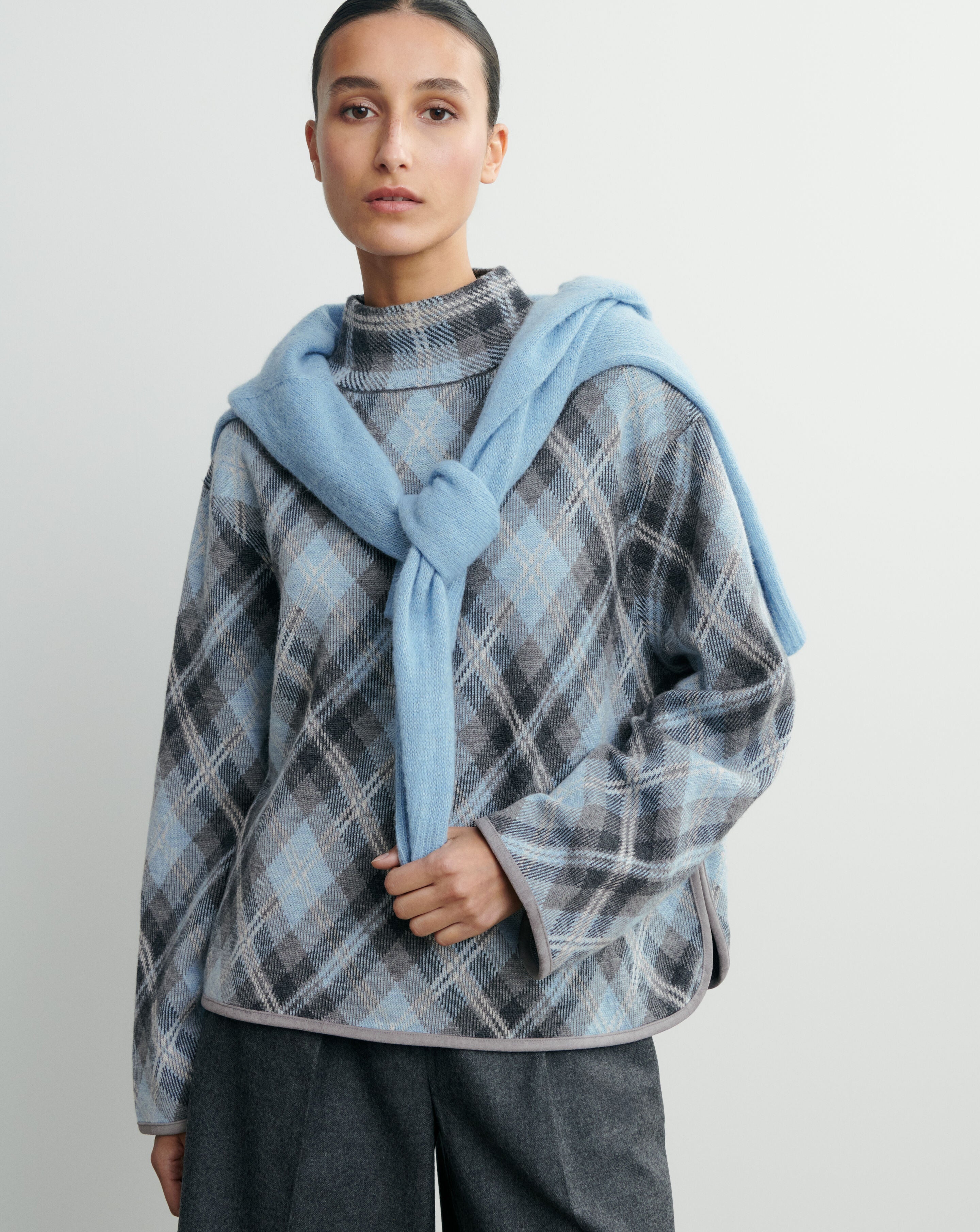 Pull col montant tartan-GRIS METEORITE/BLEU CONCORDE-88% laine 12% cachemire