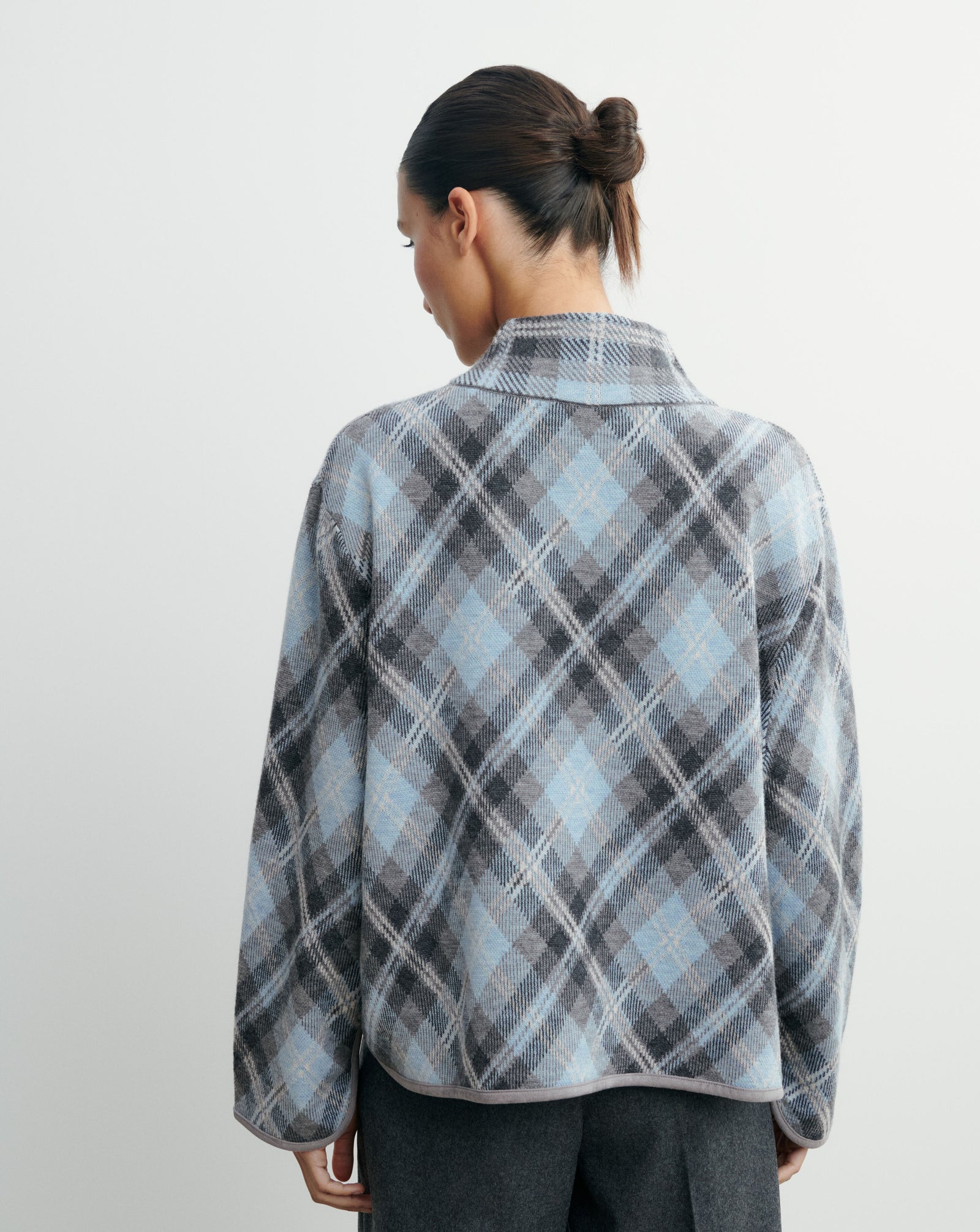 Pull col montant tartan-GRIS METEORITE/BLEU CONCORDE-88% laine 12% cachemire