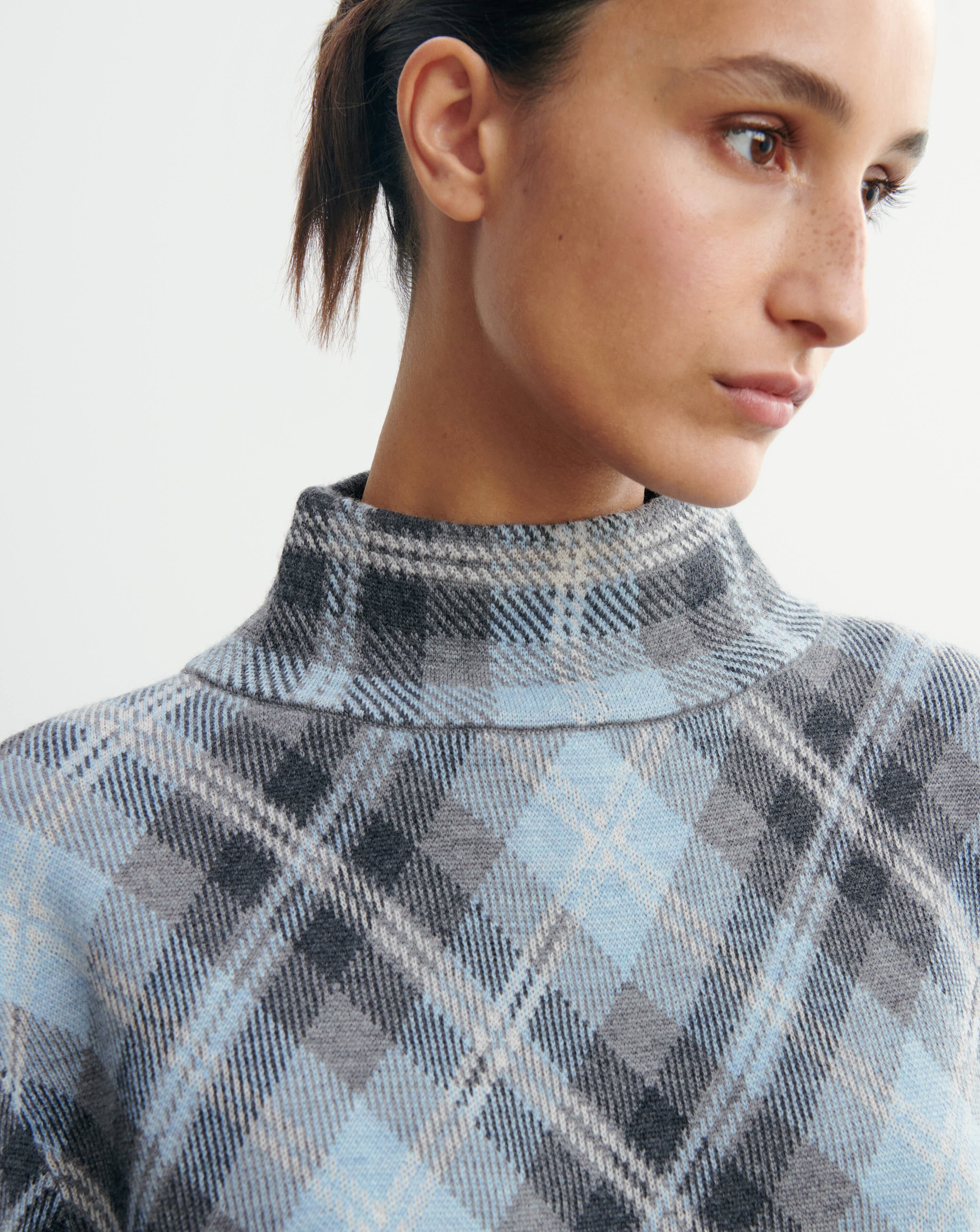 Pull col montant tartan-GRIS METEORITE/BLEU CONCORDE-88% laine 12% cachemire