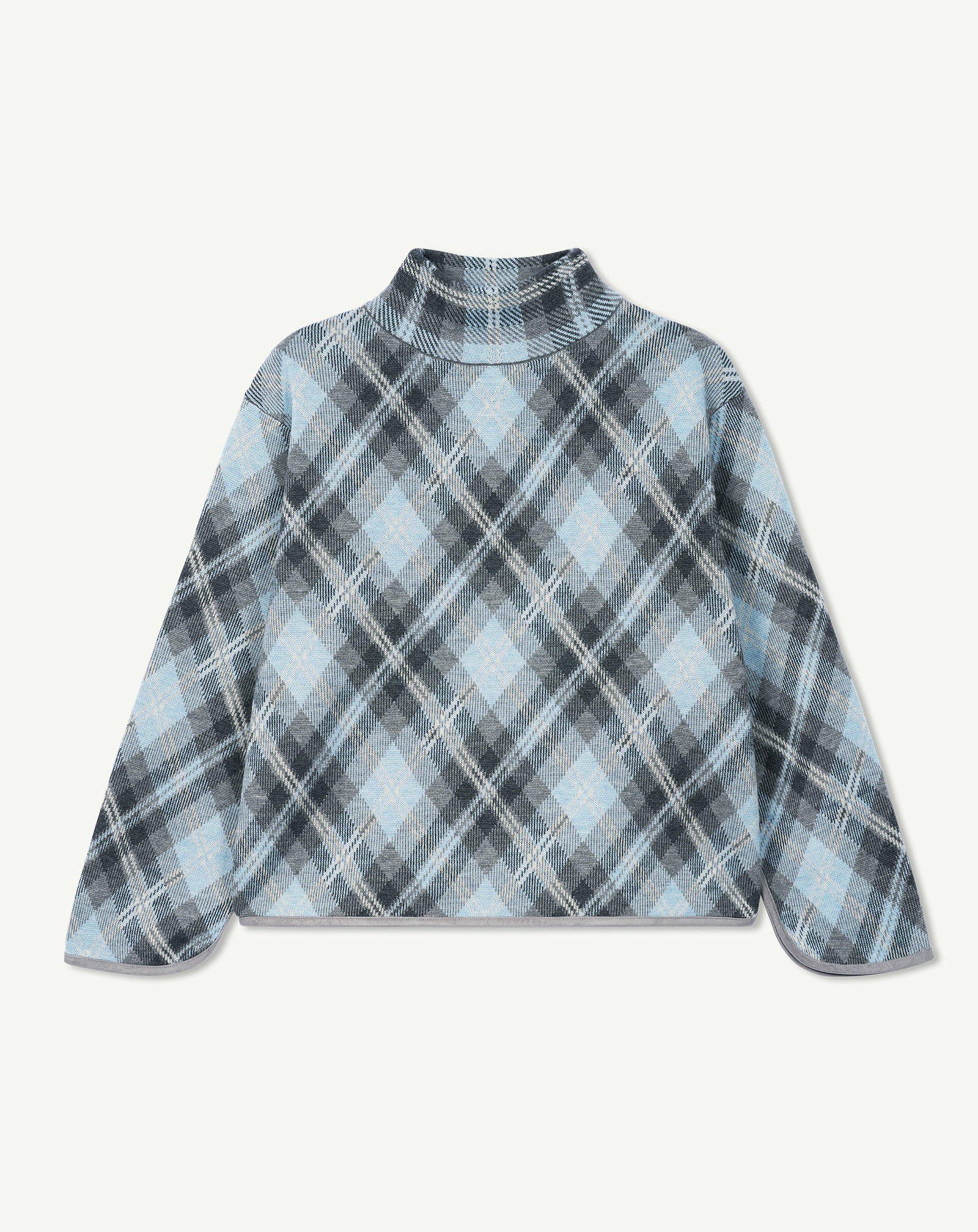 Pull col montant tartan-GRIS METEORITE/BLEU CONCORDE-88% laine 12% cachemire