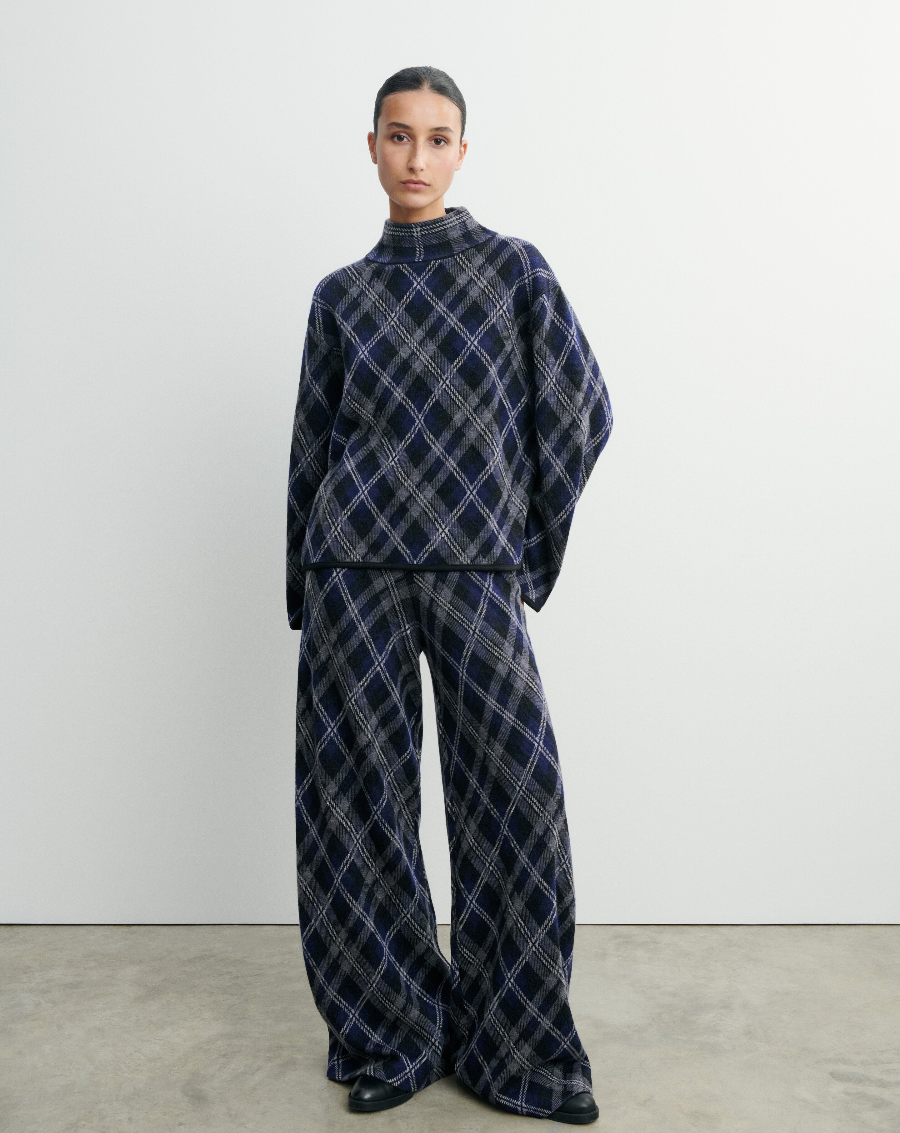 Pull col montant tartan-MARINE/GRIS METEORITE-88% laine 12% cachemire