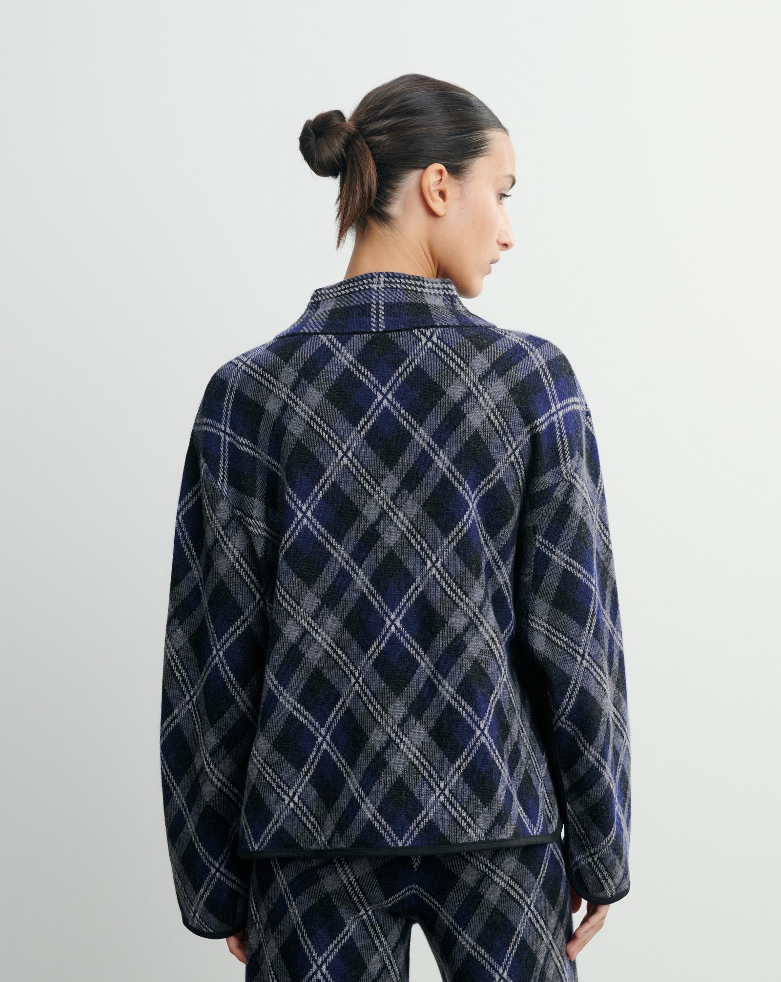 Pull col montant tartan-MARINE/GRIS METEORITE-88% laine 12% cachemire