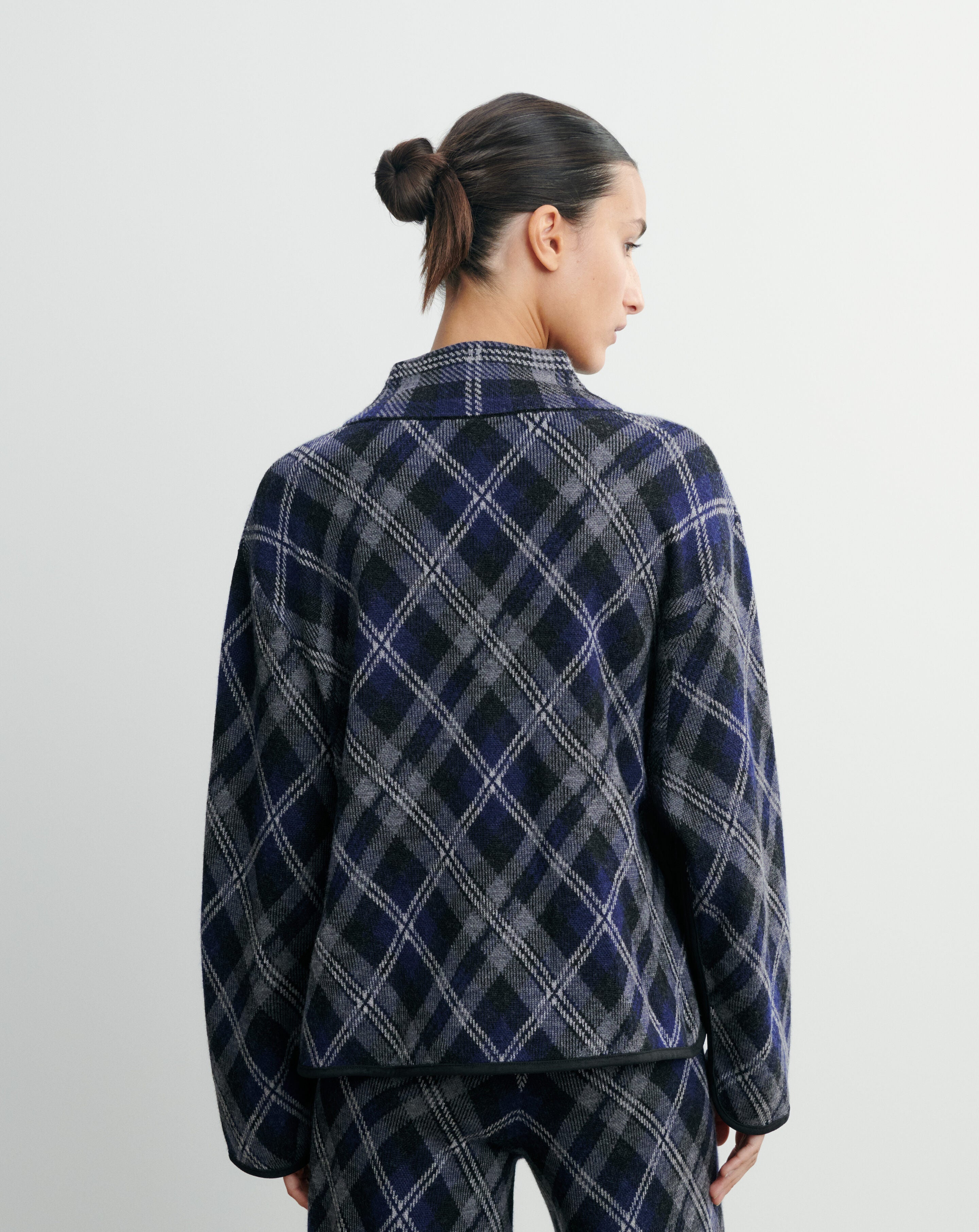 Pull col montant tartan-MARINE/GRIS METEORITE-88% laine 12% cachemire