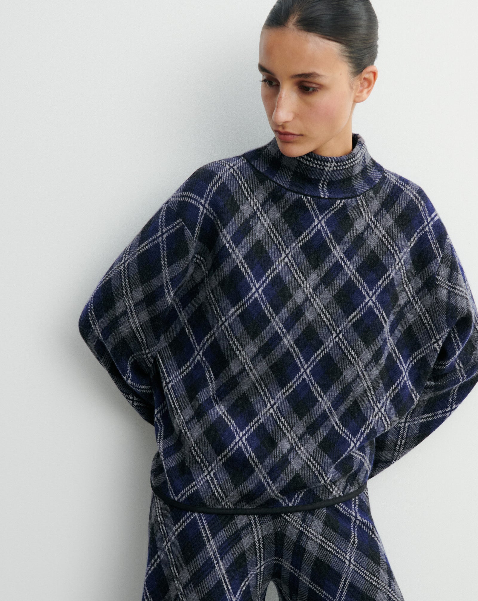Pull col montant tartan-MARINE/GRIS METEORITE-88% laine 12% cachemire